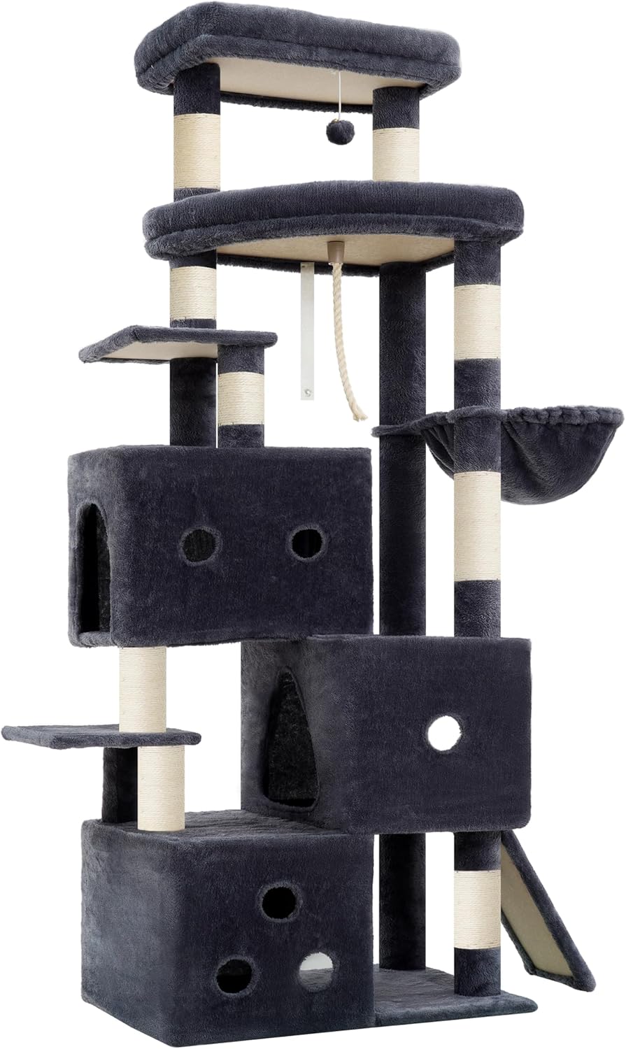 Heybly Cat Tree, 74-Inch Streamlined Cat Tower for Large Cats with 3-Tier Stacked Condos, Cat Furniture with Large Perch, Sturdy Base, Full Sisal Scratching Posts & Ramp, Smoky Gray HCT061G