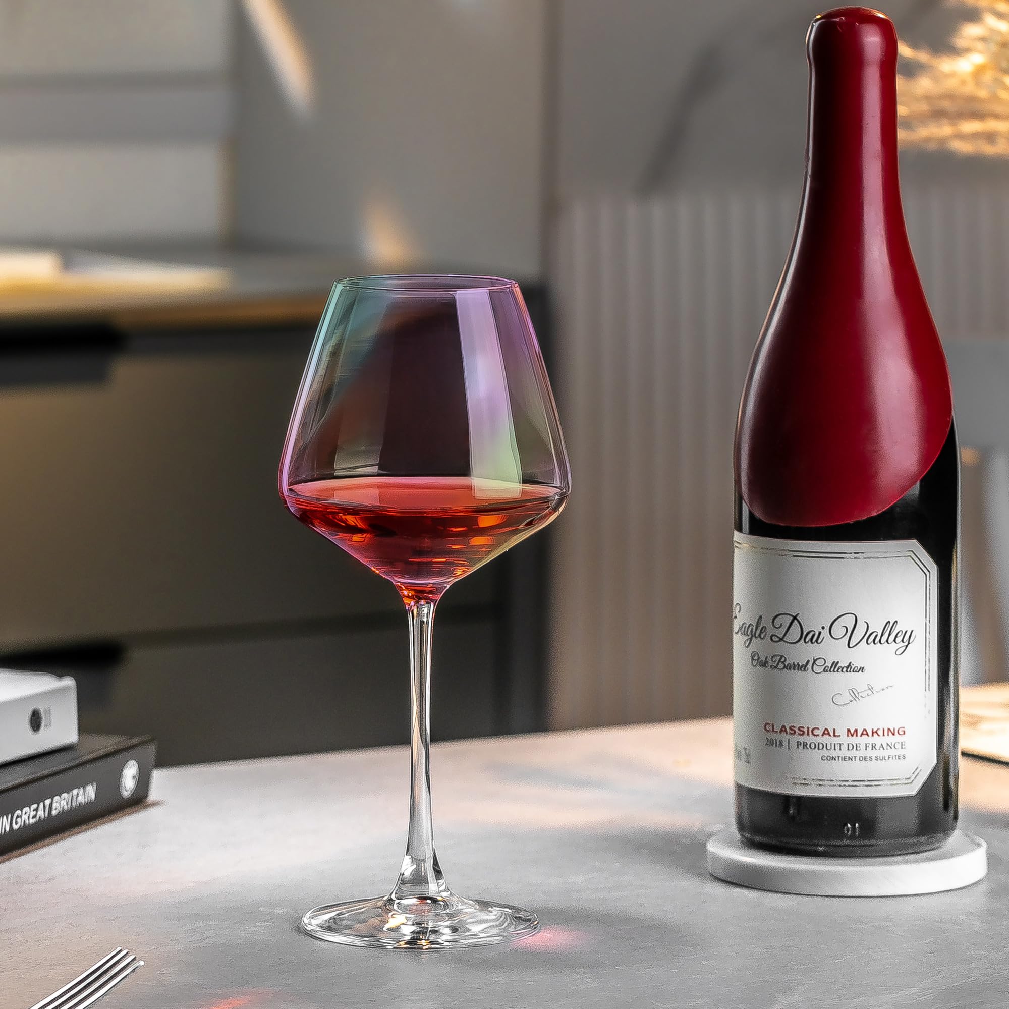 PTSTING Copas de vino iridiscentes de 15.5 onzas, juego de 4 copas de vino burdeos para degustación de vino, regalo de boda, aniversario, Navidad, cumpleaños