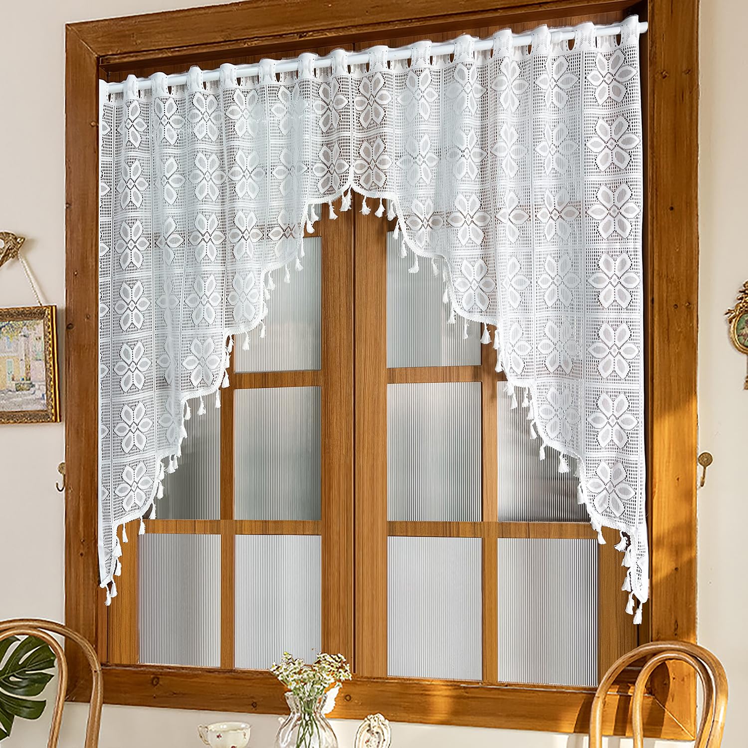 Gxi White Lace Kitchen Curtain Swag Boho Sheer Valance Tassels Rod Pocket Voile Panel Short Window Treatment Swag for Bathroom Basement Living Room Bedroom Small Windows, 1 Panel W59 x L39 inch