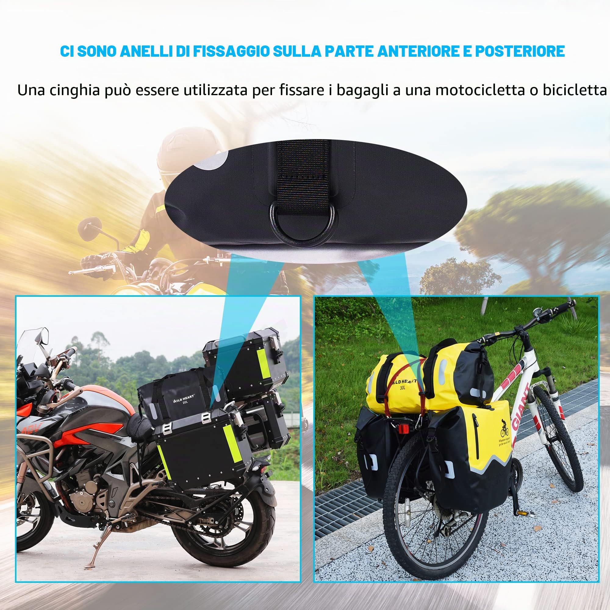 WILD HEART Borsa Impermeabile 20L 30L 40L con Cuciture saldate Spallacci a Tracolla, Tasca in Rete per Kayak, Campeggio, Barca, Bicicletta, Moto, Blu