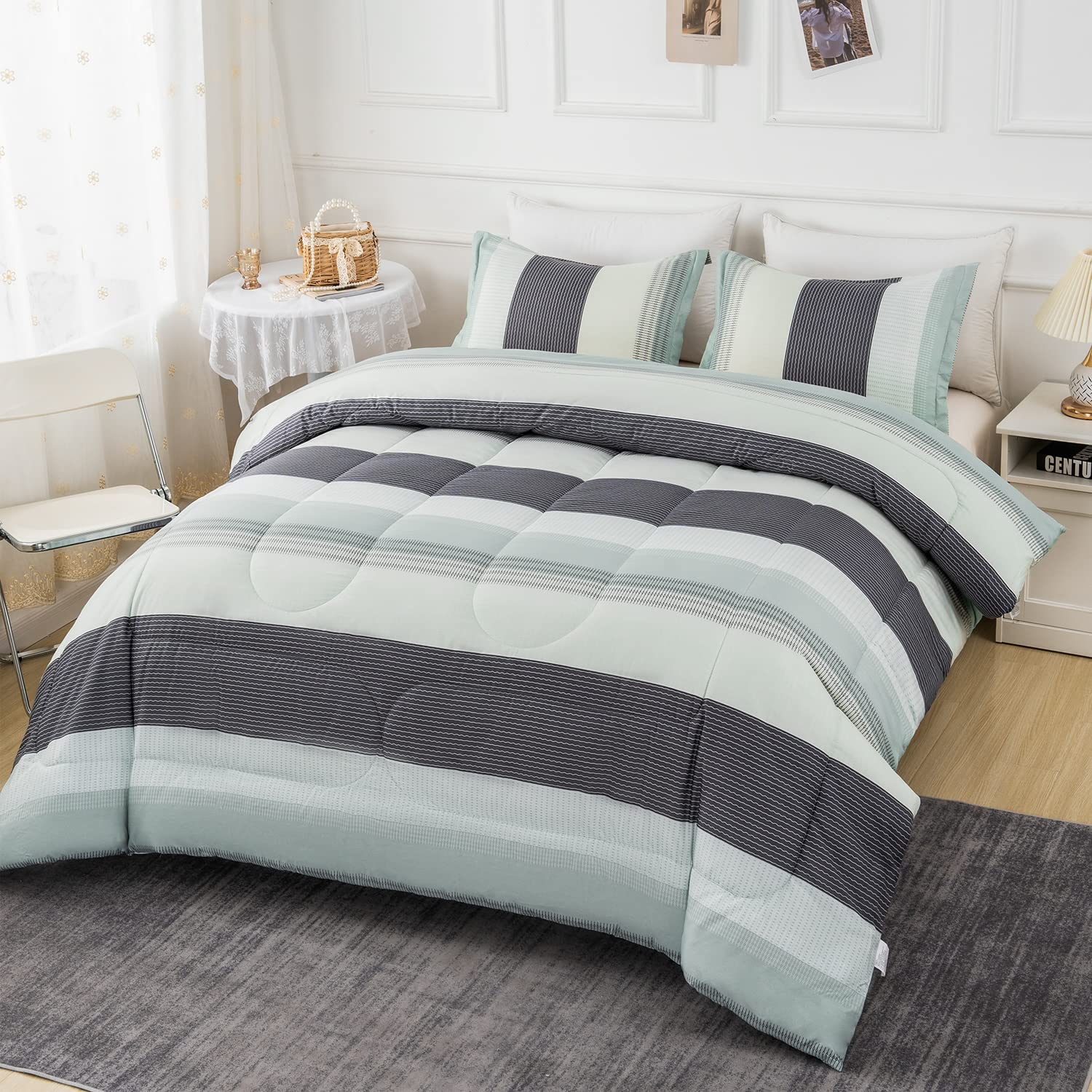 PERFEMETSage Green Queen Comforter Set, 3 Pieces Striped Neutral Bedding Sets, Light Green and Grey Stripe Fluffy Comforter (1 Comforter, 2 Pillowcases)
