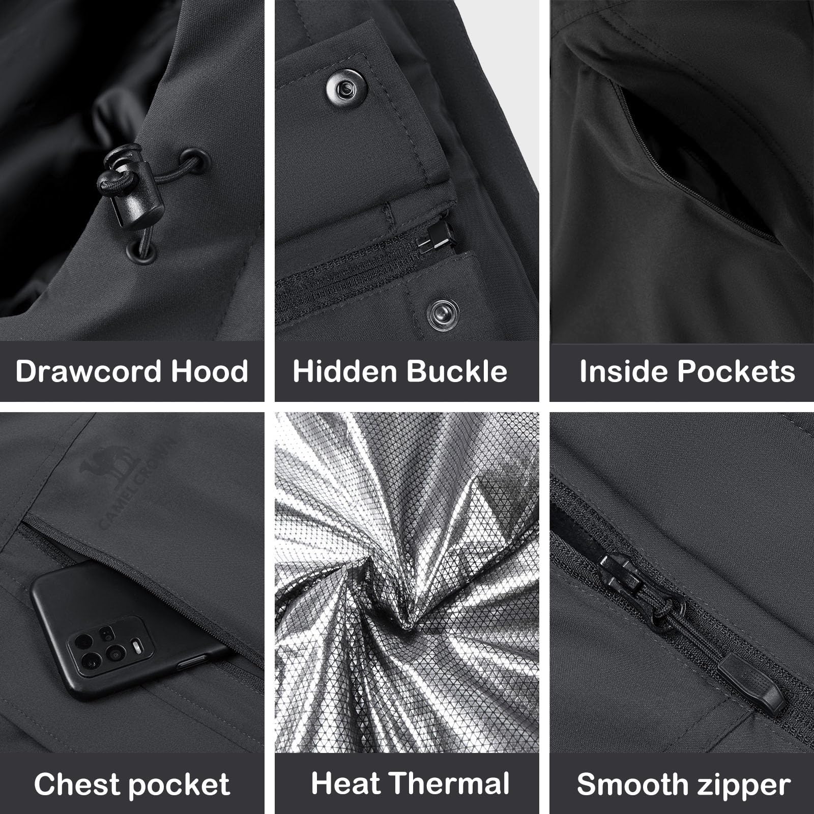 CAMEL CROWN Herren Wintermantel Wasserdicht Skijacke Kapuze Windbreaker mit Thermoisolierung für Schnee Regen Wandern Outdoor