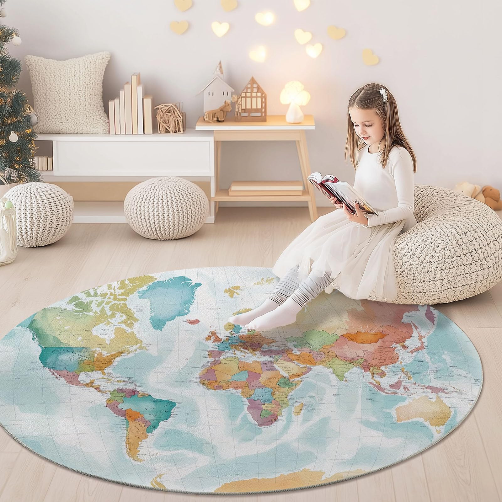 Tappeto Rotondo Salotto, Morbido Mappa Del Mondo Ad Acquerello Tappetini Antiscivolo lavabile in lavatrice, Tappeto per Bambini Cameretta Cucina Casa Zona Balcone Tappet Tavolino 160 cm, Bianco