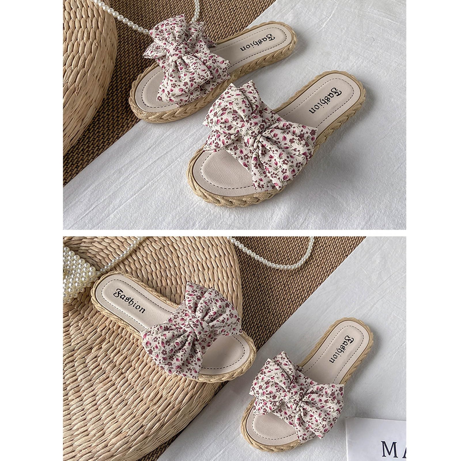 Claquette Plates Semelle Tressée Femmes d'été Claquettes de Plage et Piscine Pantoufles avec Nœud Chaussons à Bout Ouvert Nu Pieds Confortable Antidérapant Chaussures pour Maison Salle de Bain Douche