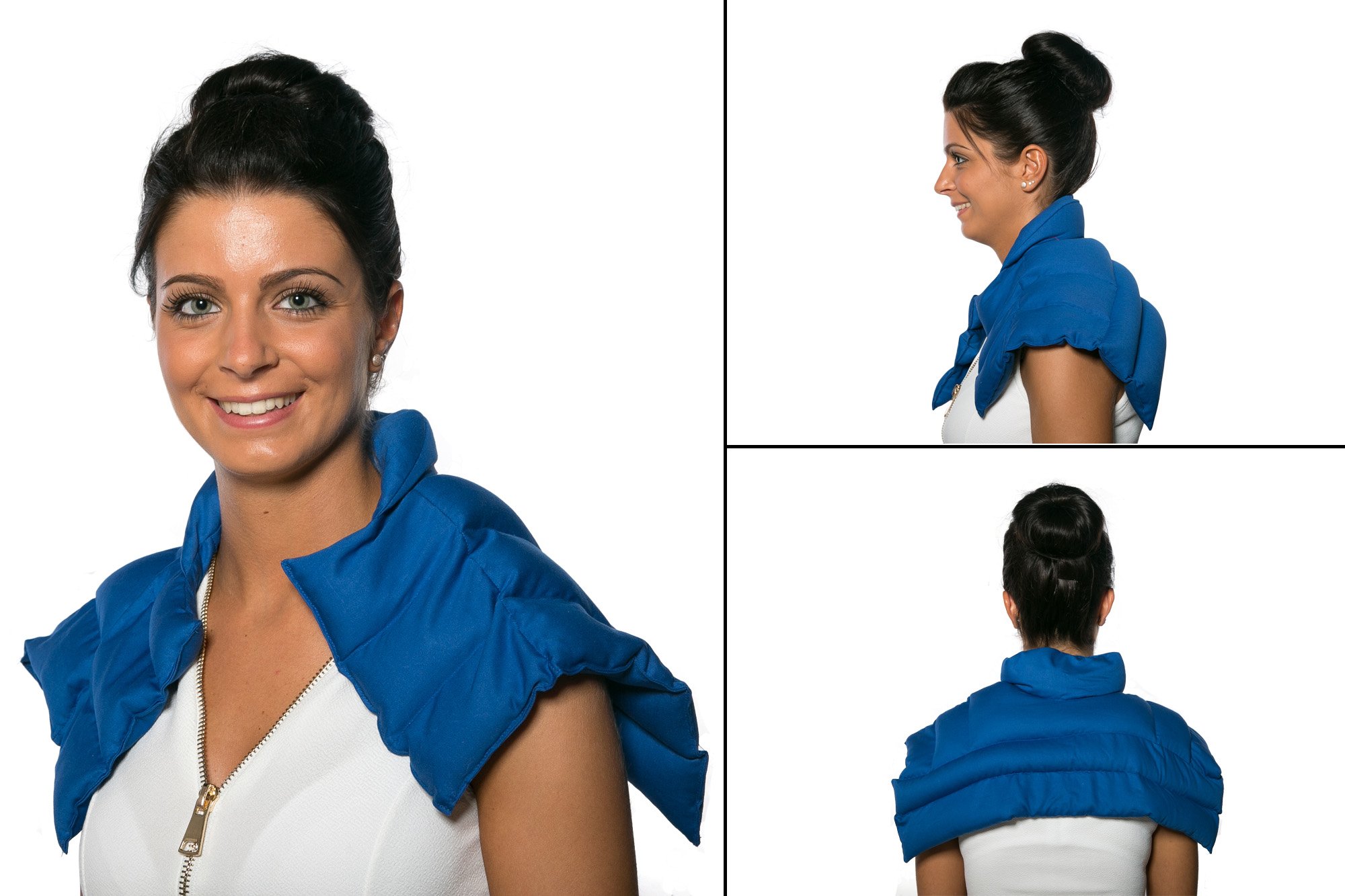Cojín nuca y hombros con cuello (algodón orgánico azúl) - Saco térmico de semillas - Almohada cuello - Semillas de grosella -