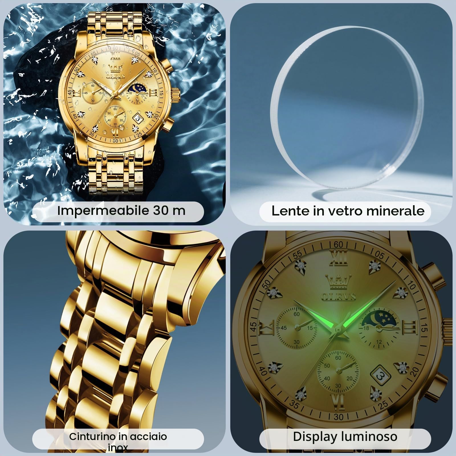 OLEVS Orologio Uomo, Cronografo Analogico al Quarzo Orologio Acciaio Inox Impermeabile, Elegante Orologi uomo Classico Lusso con Data