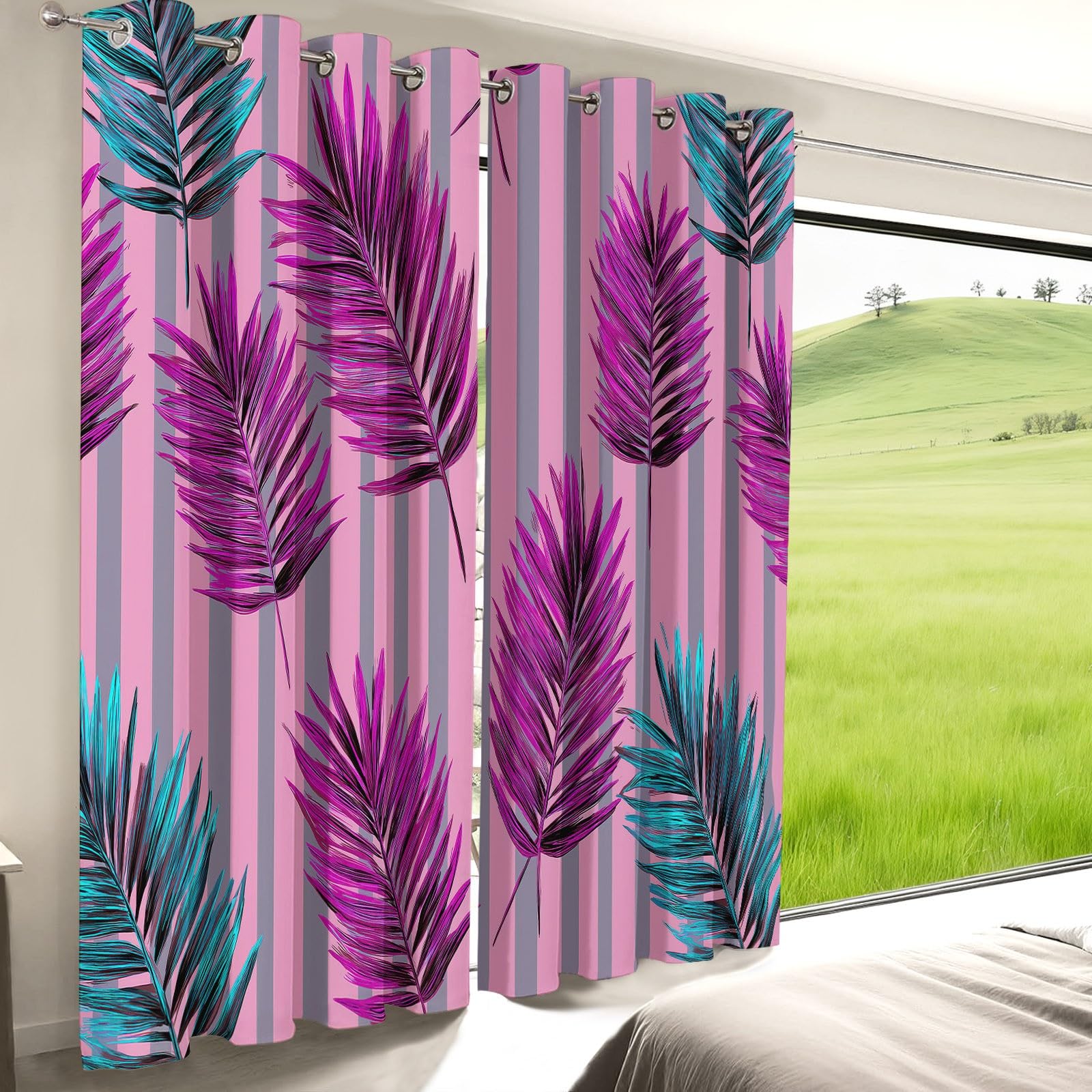Bunt Blickdicht Vorhänge Wohnzimmer - Stilvoll Streifen Pflanze Palmenblatt Vorhänge mit Ösen Themovorhang Verdunkelungsvorhänge für Schlafzimmer Kinderzimmer, B110 x H215 cm 2er Set