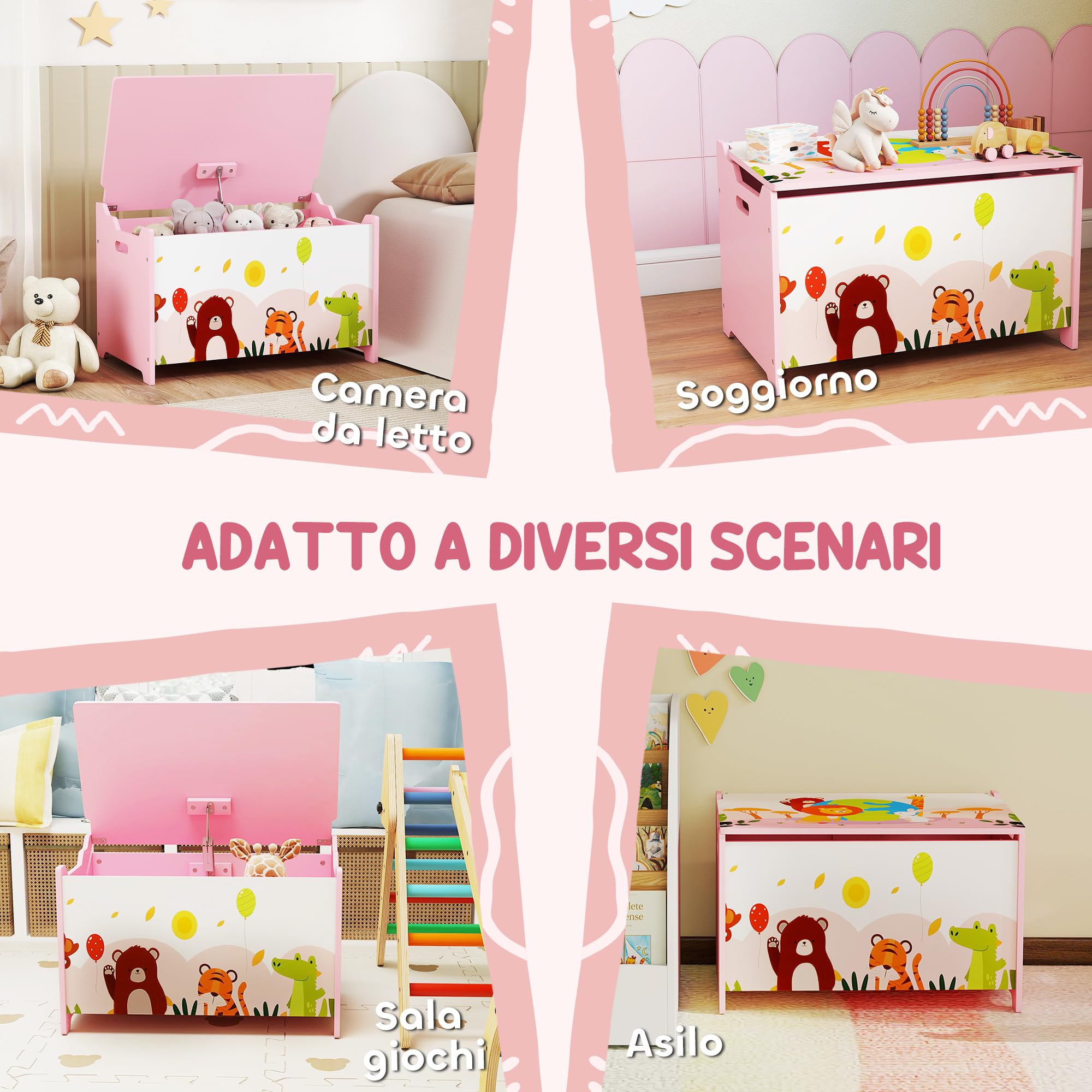 AIYAPLAY Baule Portagiochi per Bambini, Contenitore per Giocattoli in Legno con Cerniere di Sicurezza, Mobile per Cameretta e Salotto con Disegni di Animali, 60x37x39 cm, Rosa