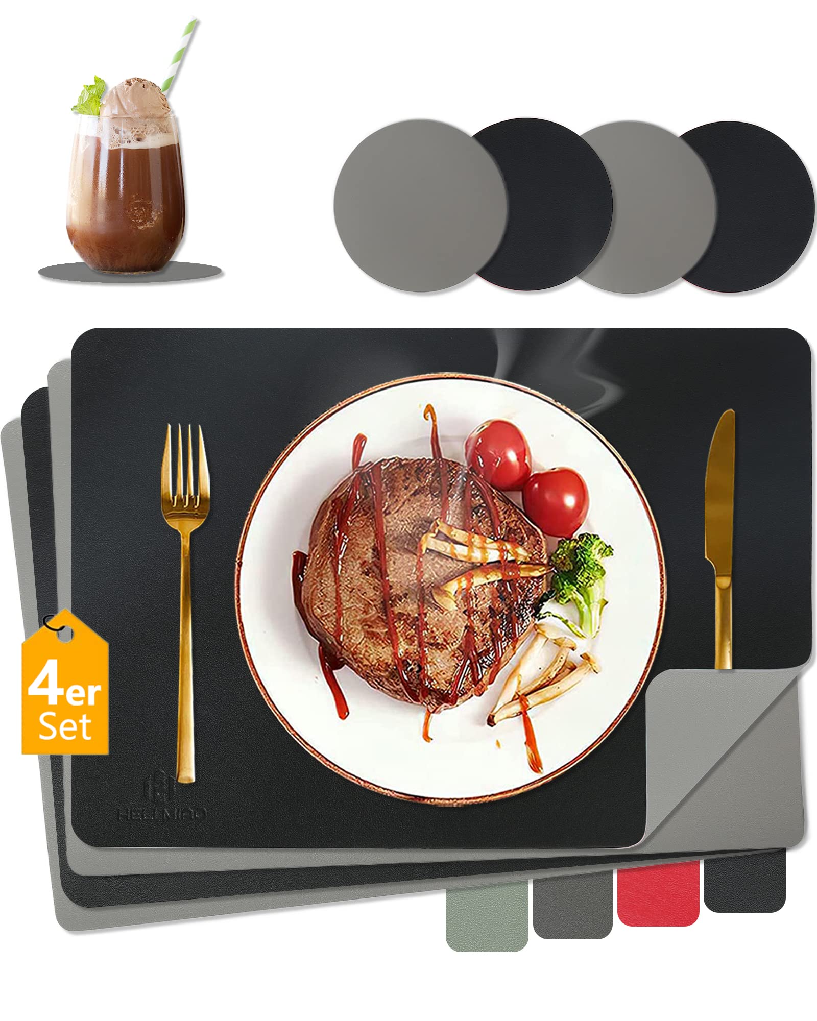 HELI MIAO Tischsets Abwaschbar,Platzsets Abwischbar, Leder,Hitzebeständig Doppelseitigen I 6er Set Platzdeckchen Lederoptik mit Untersetzer,Tischuntersetzer rutschfest,Salbeigrün