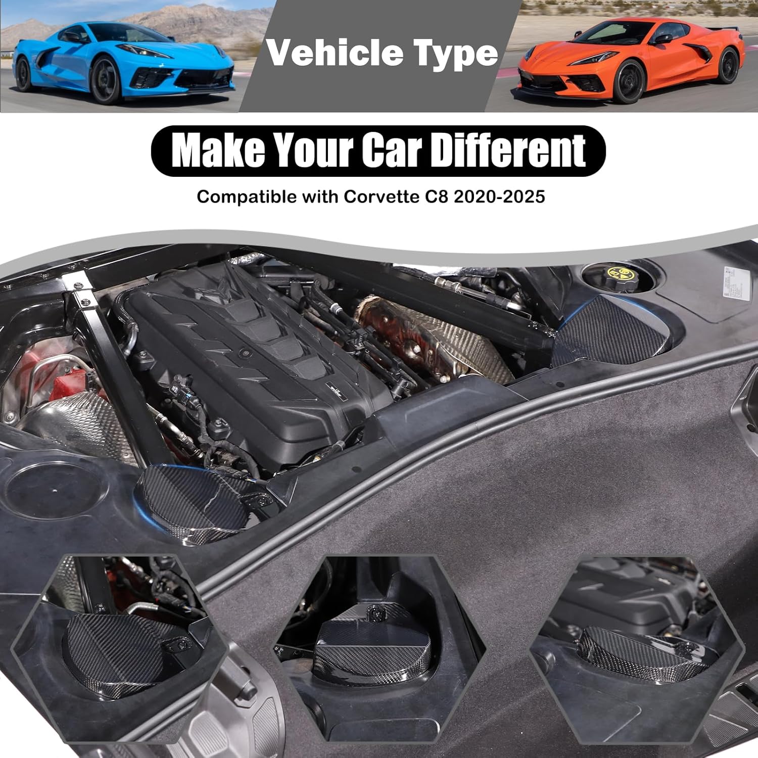 Rear Strut Tower Cover Compatible with Corvette C8 Stingray 2020-2024,Genuine Carbon Fiber Engine Bay Rear Shock Absorbing Tower Protection Panel Cover Trim 2pcs C8 Accessories (Black)