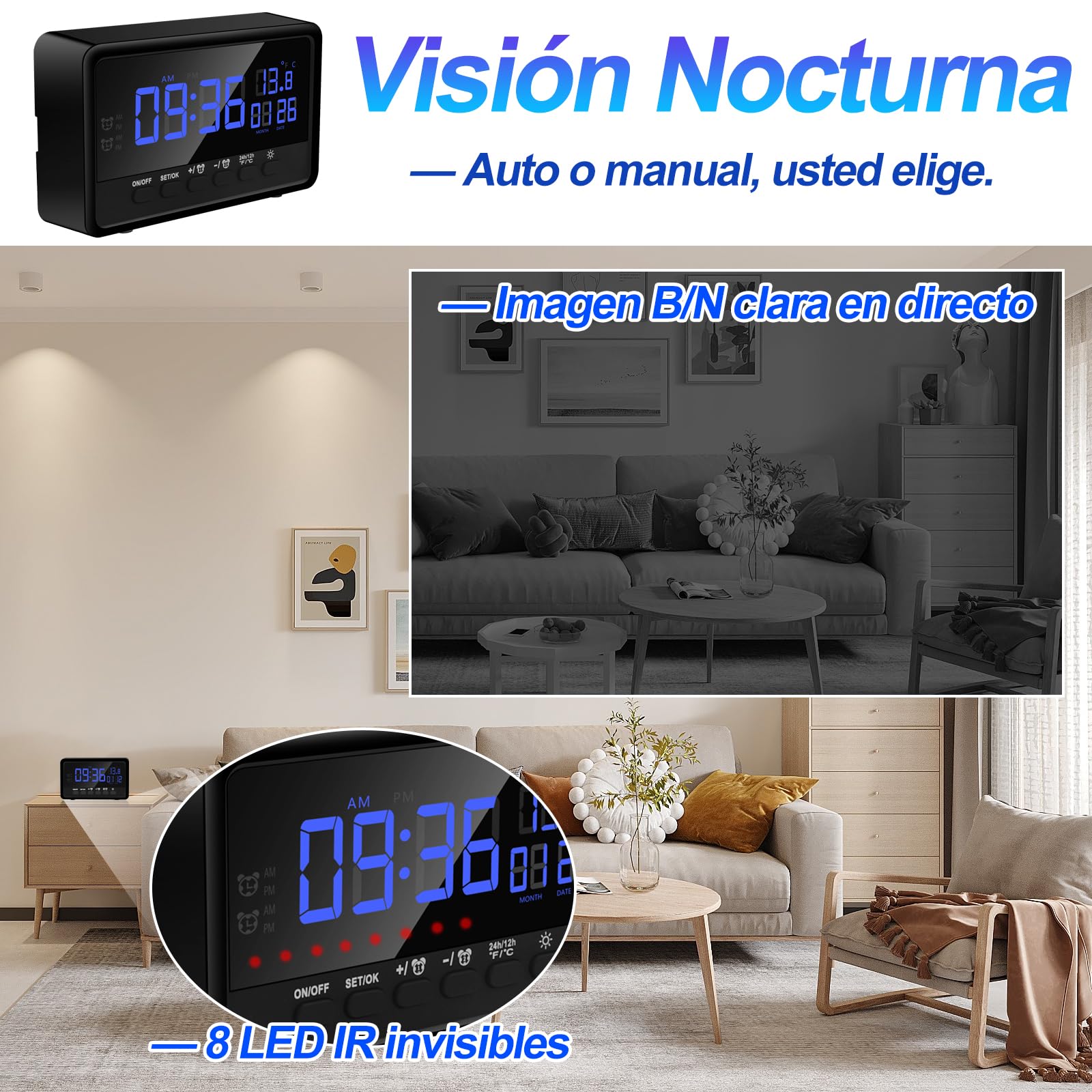 Camara Espia Oculta WiFi Interior, 1080P, Visión Nocturna | Doble banda 2.4/5GHz, gran angular 120°, detección movimiento, despertador 2 en 1, brillo 5 niveles, microSD 128GB, invisible