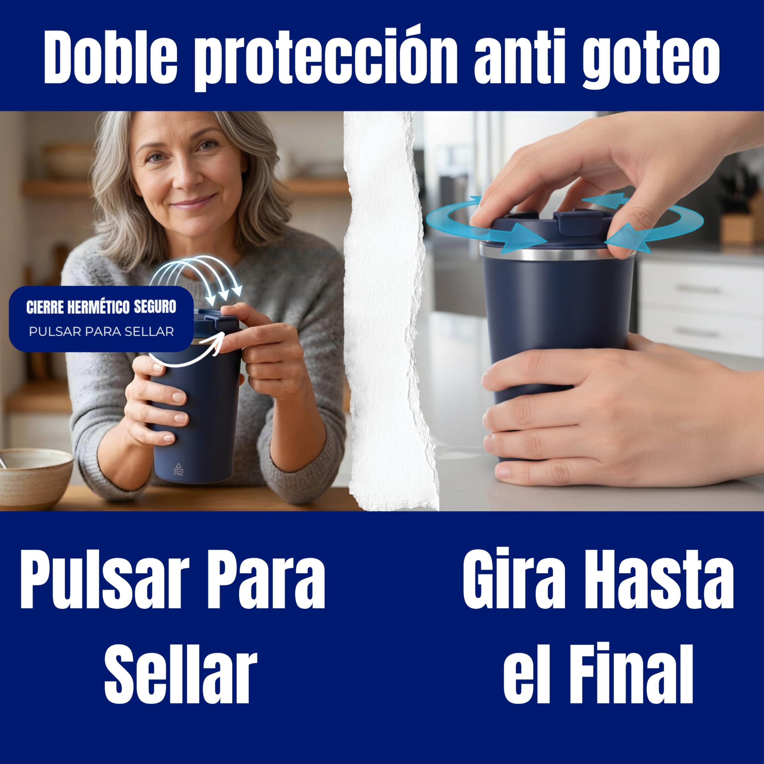 Quodelo Taza Termica Cafe para Llevar 350ml con Interior Cerámico - Vaso Termico Cafe Hermético de Acero Inoxidable, Taza Oficina Antivuelco y Termo Cafe Pequeño con Cepillo - Azul Marino