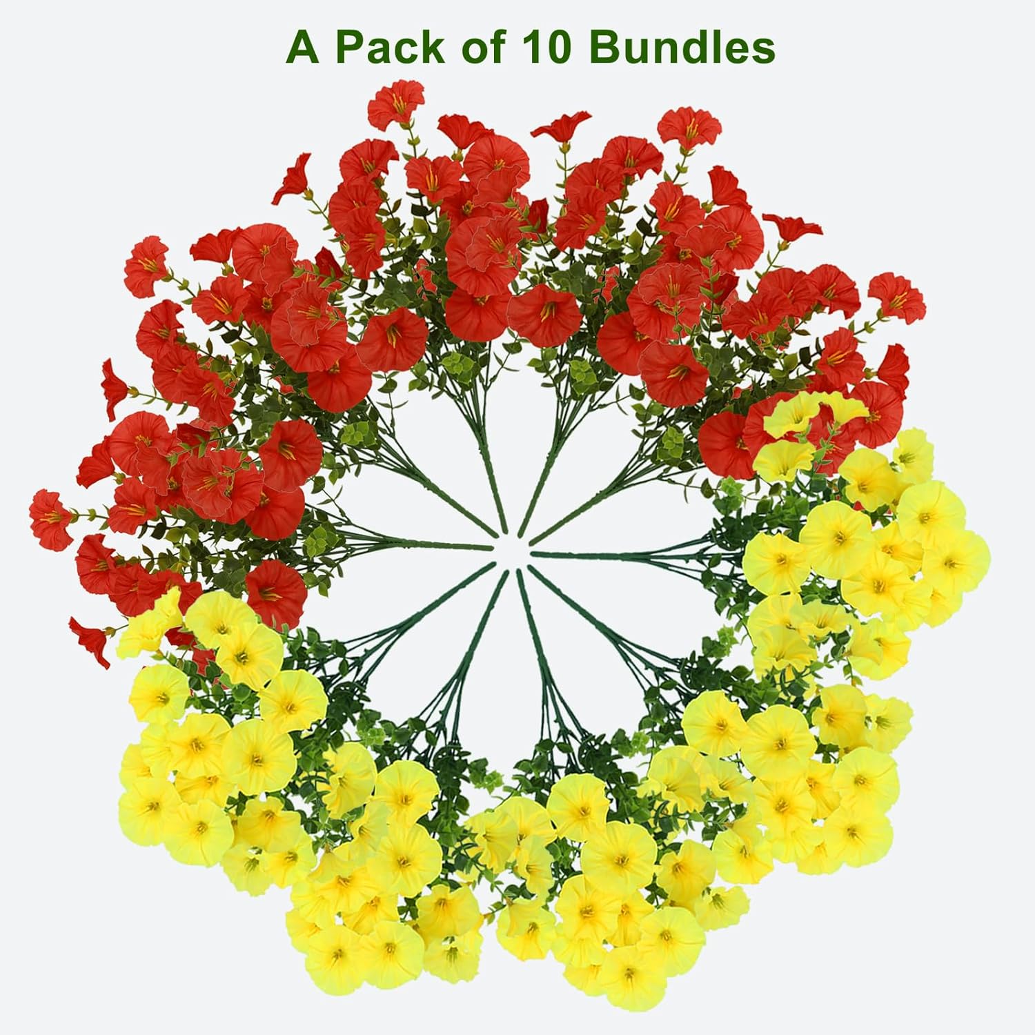 10 Bundles Artificial Flowers for Outdoor,UV Resistant Fake Petunia Flowers,Faux Plants for Outside Hanging Planters,Artificial Plants for Indoor Porch Garden Home Wedding Decor(Yellow,Red) - Image 4