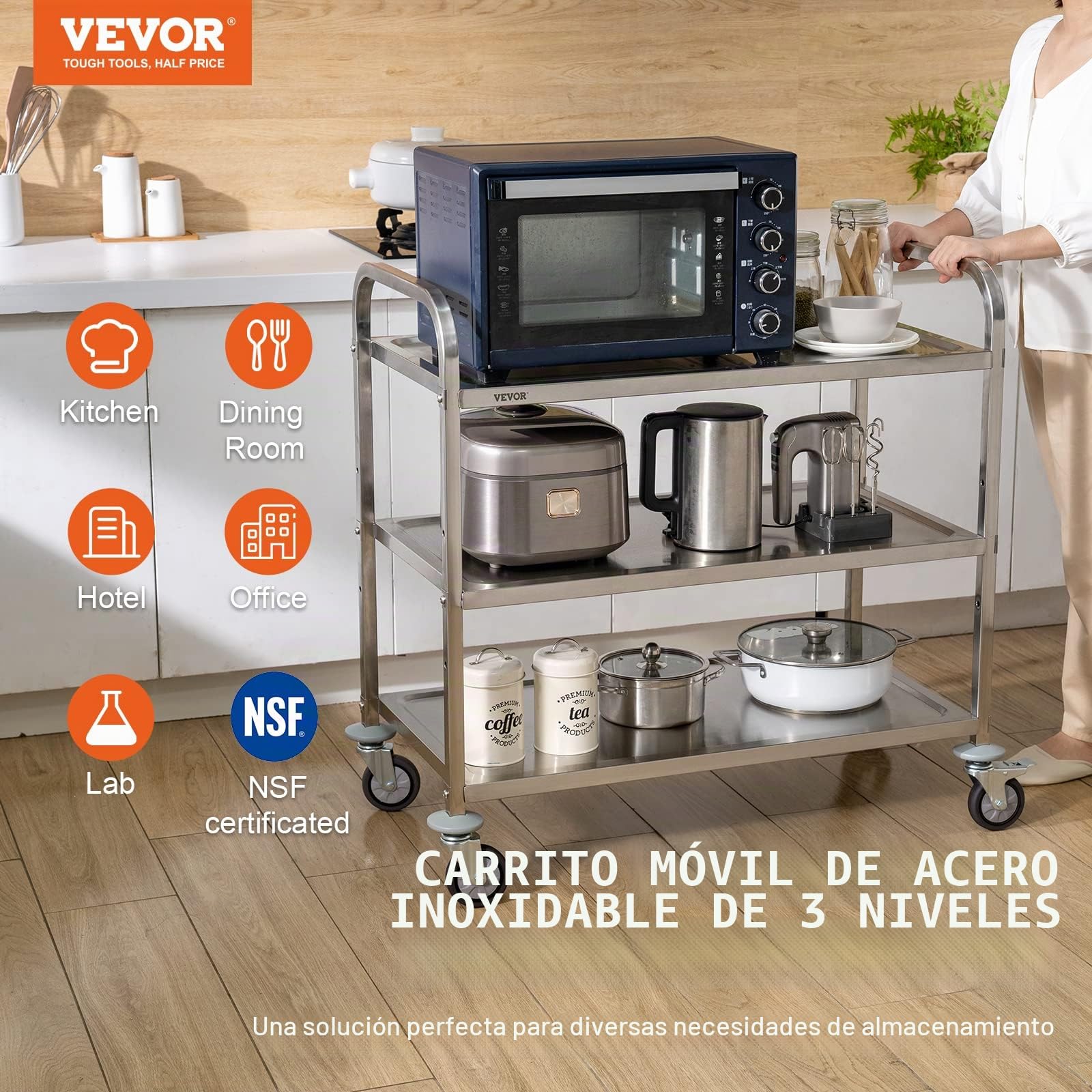 VEVOR Carro con Ruedas de 3 Niveles Carro de Almacenamiento Multifuncional de Acero Inoxidable 94x49,5x93 cm Carga 100 kg Ruedas con Bloqueo 6 Ganchos para Almacenamiento Lavadero Cocina Restaurante