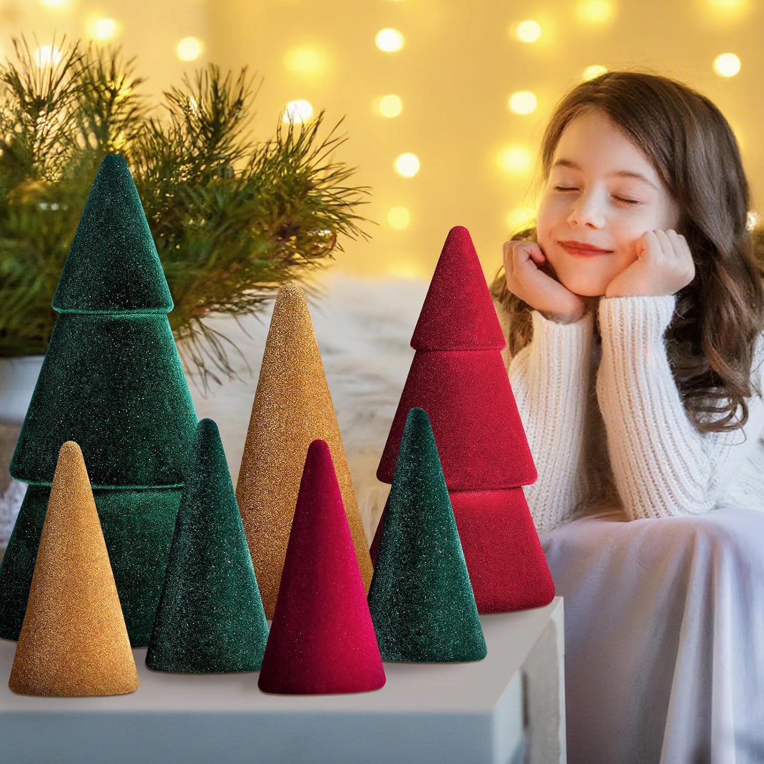 7 Pcs Christmas Velvet Trees Set Neutral Xmas Decoration Modern Christmas Cone Trees 4 Sizes Xmas Tabletop Centerpieces Flocked Farmhouse Decor for Kitchen Holiday Party Mantel Tiered Tray Gifts