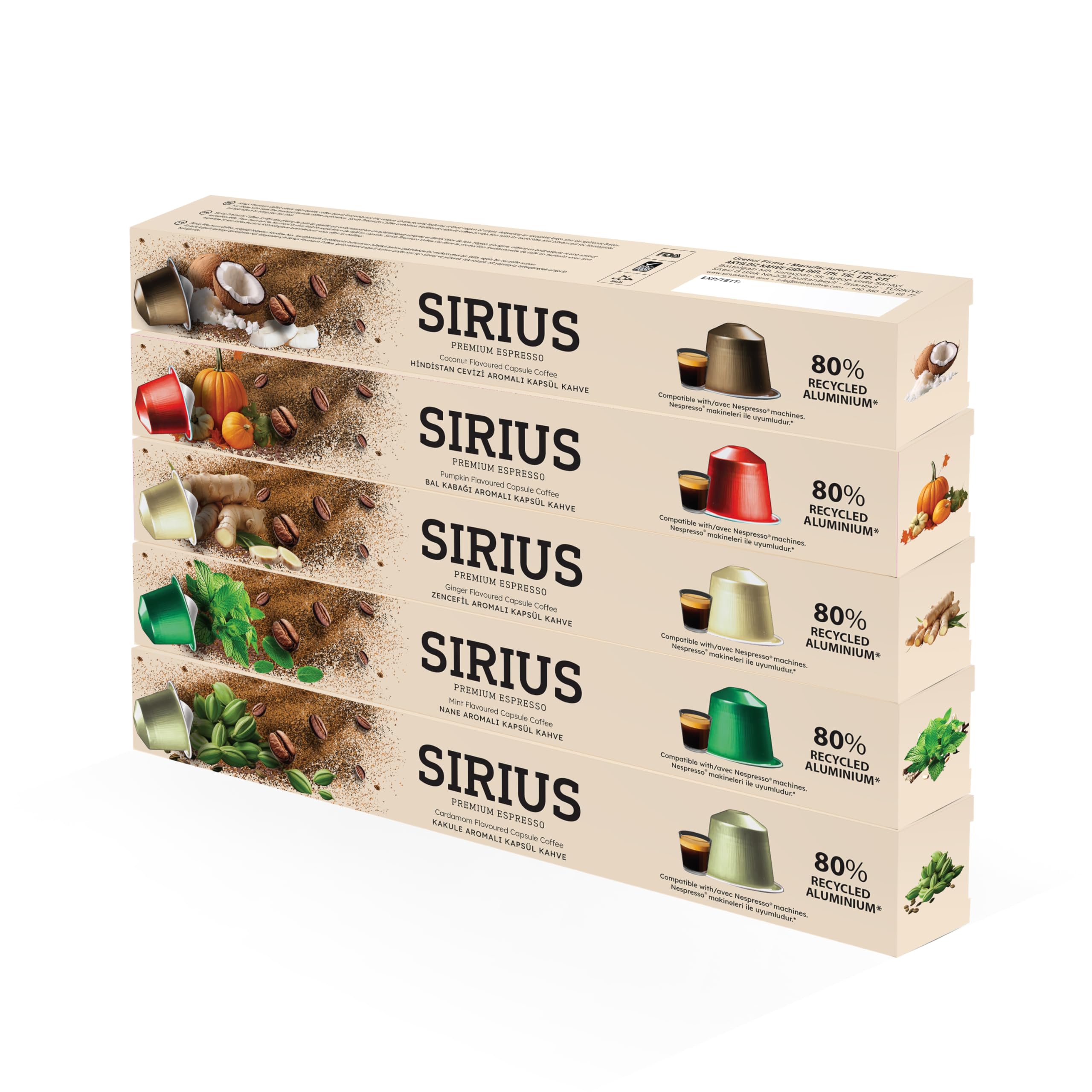 Sirius Premium Aromalı Kapsül Kahve 5'li Set (Kakule-Nane-Zencefil-Bal Kabağı-Hindistan Cevizi)