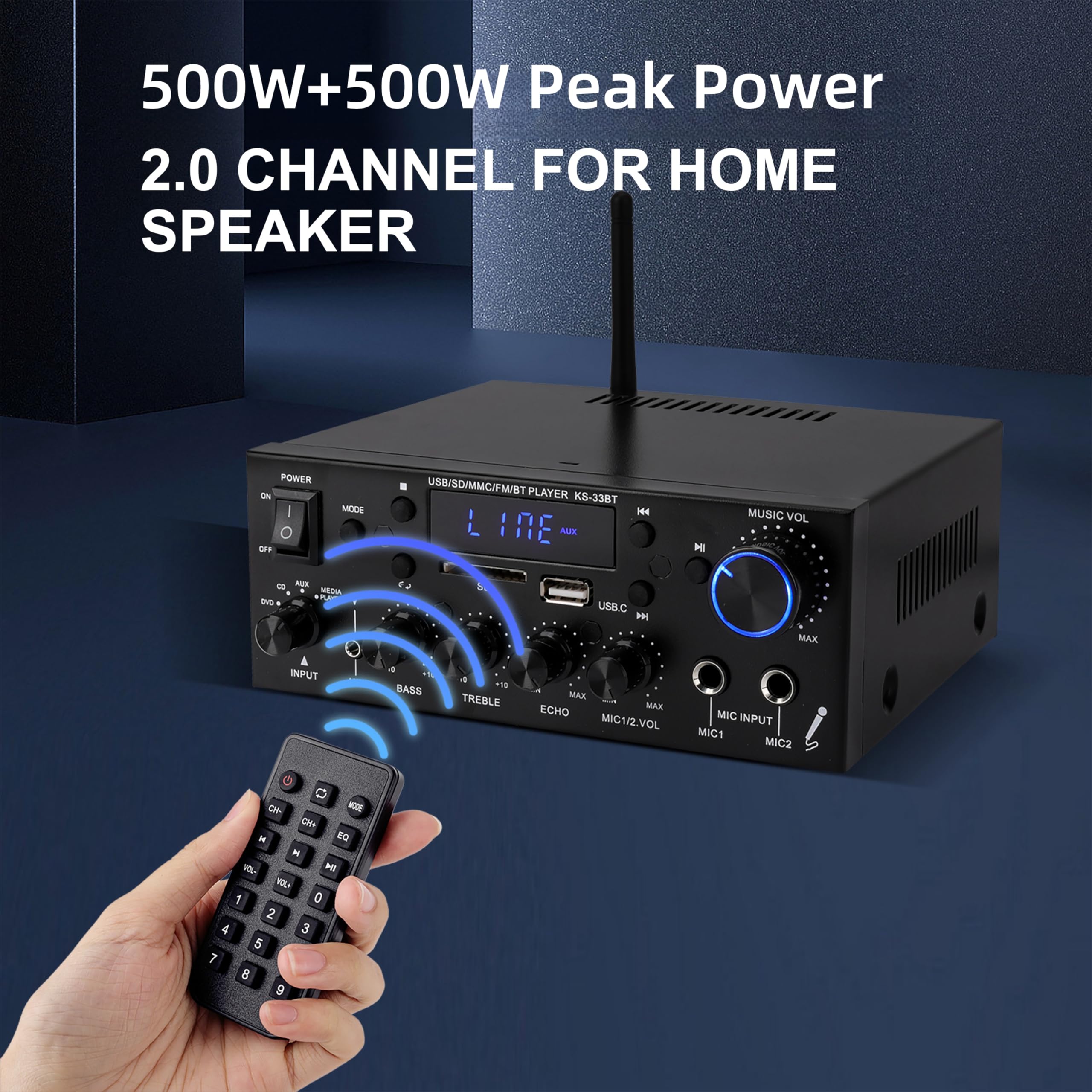 Mini Bluetooth Amplificador Audio, 500W+500W HiFi de 2.0 Canales Audio Stereo Music Reproductor, SD Card/USB Input/FM Radio, para PC, TV, Amplificador Coche, casa Altavoz, subwoofer BT 12v 220V