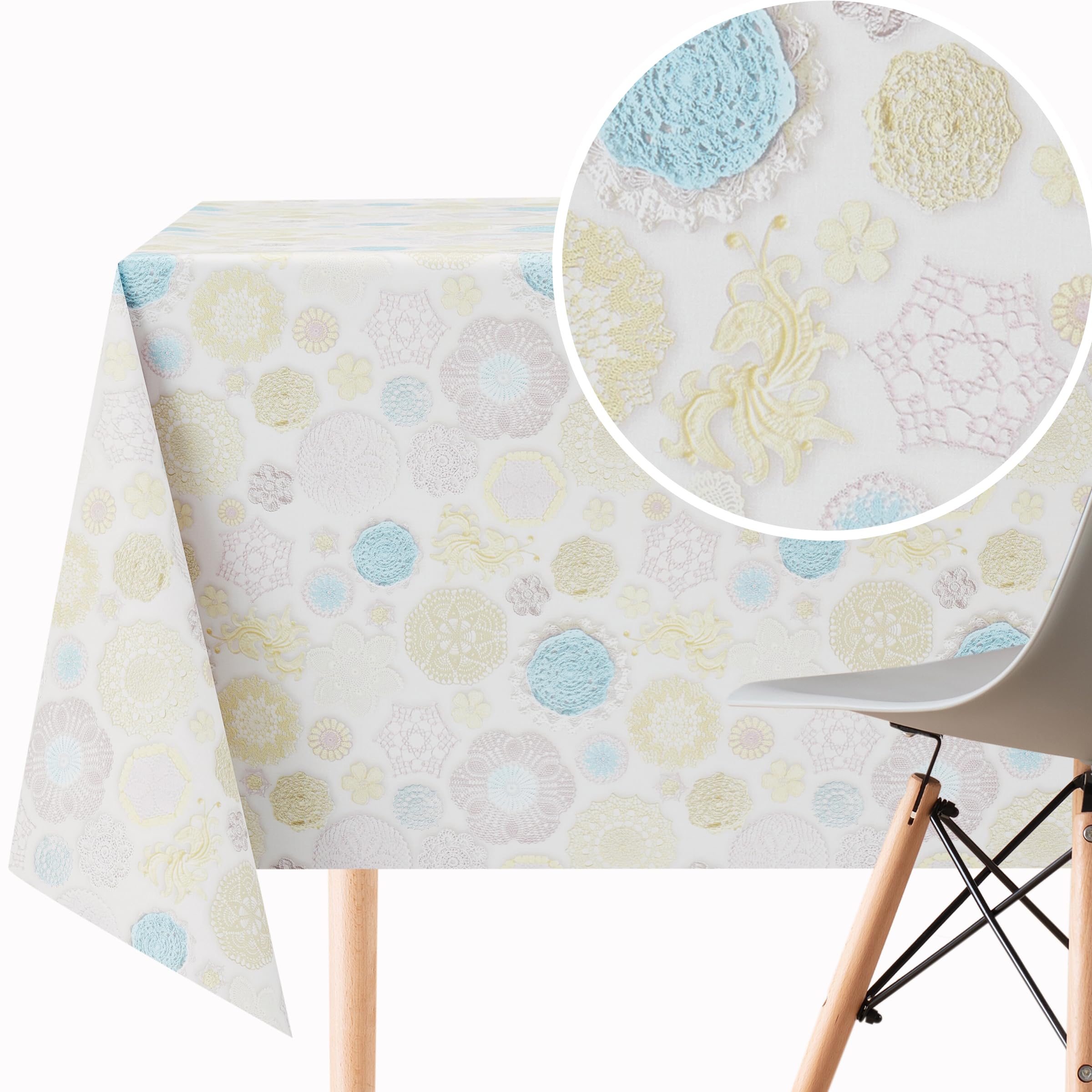 KP HOME Wipe Clean Tablecloth Rectangular 98.4x55.1 In (250x140cm) Lace Blue Print - PVC Wipeable Plastic Table Cloth for Outdoor - Waterproof Rectangle Oilcloth 8 Seat Table Cover in Shabby Chic