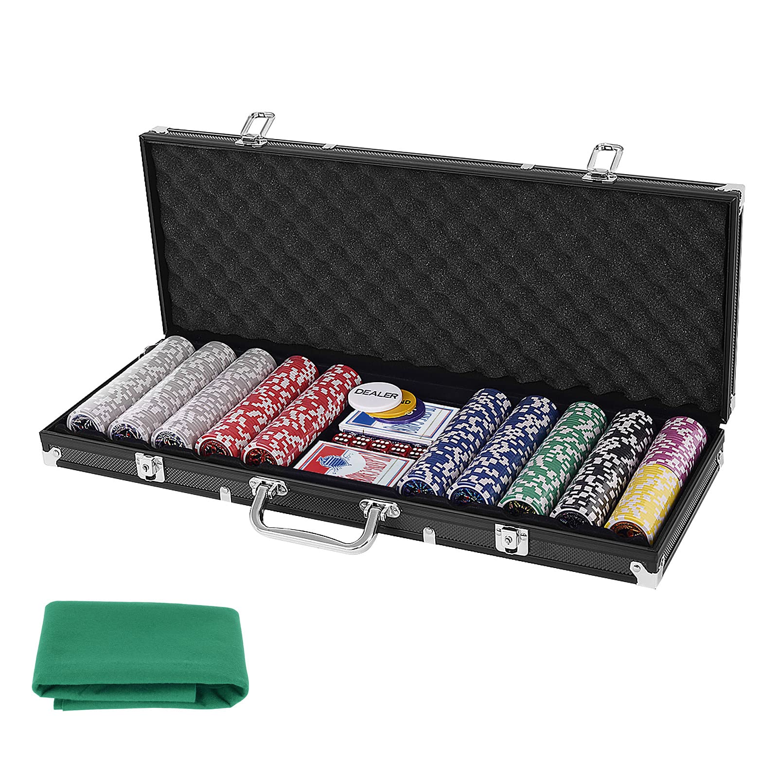 DREAMADE Pokerset mit 500 Laser Pokerchips & Aluminiumkoffer & 2 Kartendecks & 5 Würfel & 3 Dealer Button & Tischtuch, Profi Pokerspiel, Poker Set (Schwarz)