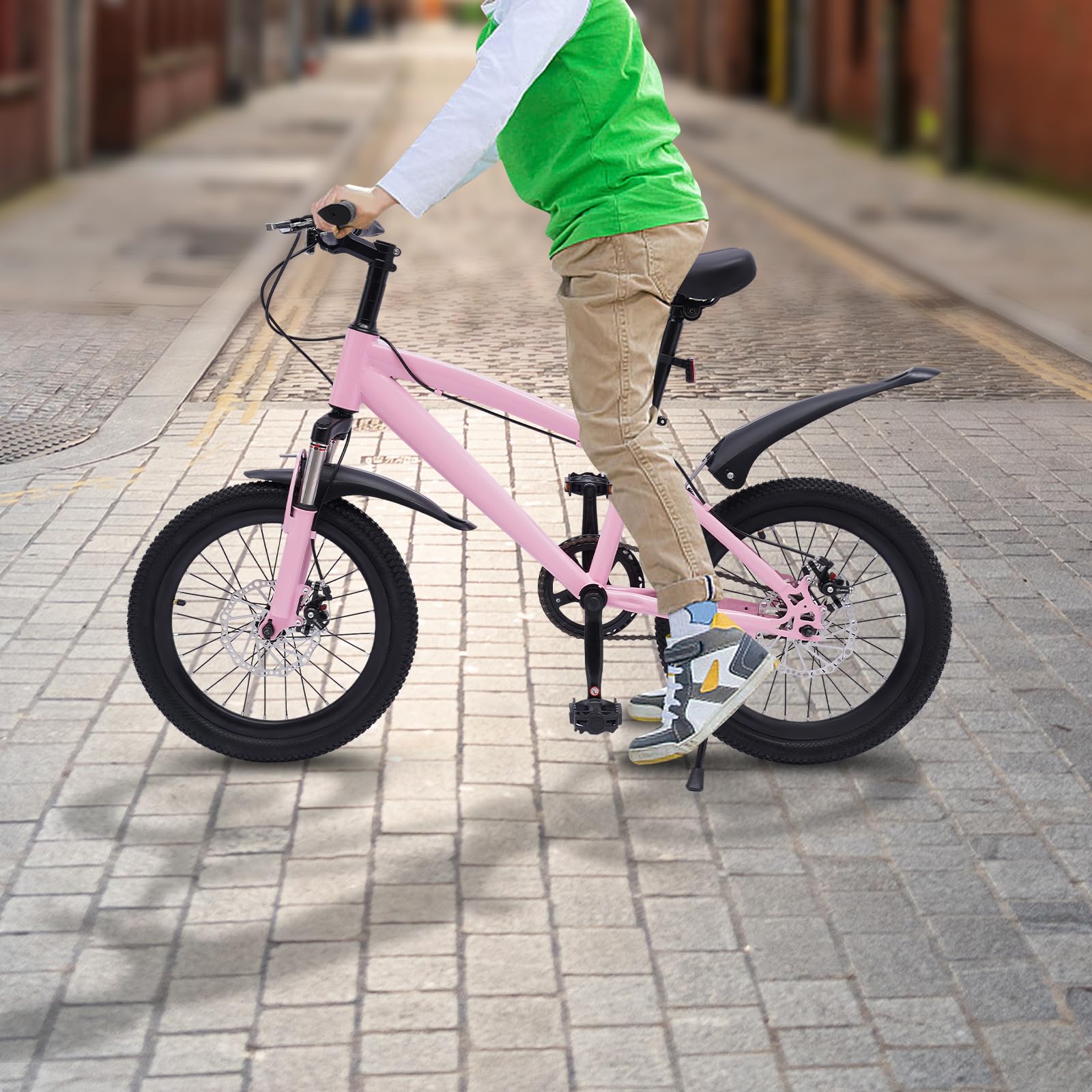 Bicicleta de montaña 18 pulgadas niños guardabarros reflectores freno pedal rosa negro