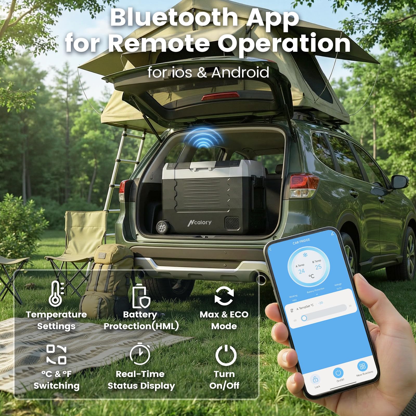 55L Tragbarer Kompressor Kühlbox mit Bluetooth-App, Dual-Zone -20°C bis +20°C, 12V/24V/230V, Rollen & Trennwand