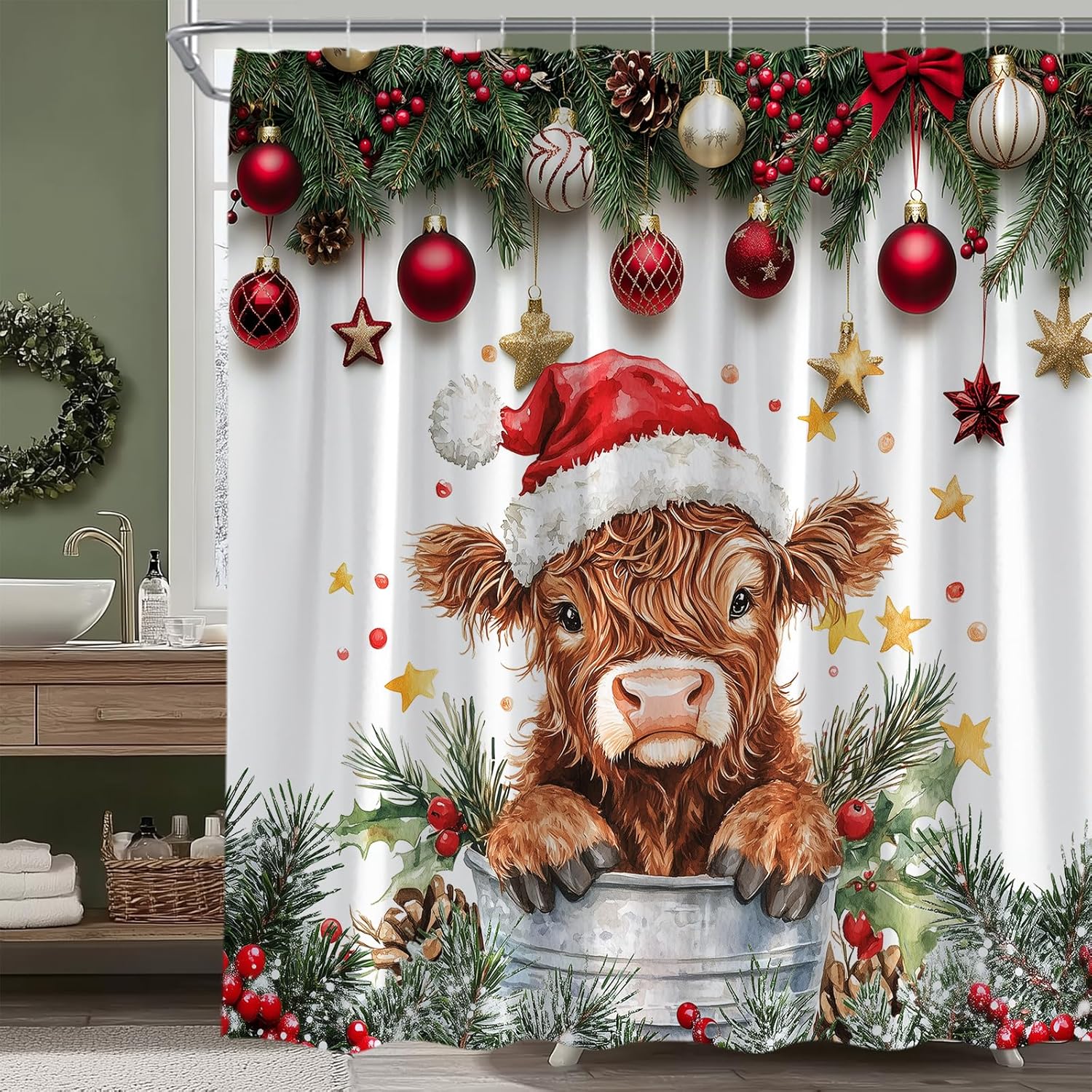 Christmas Highland Cow Shower Curtain Cute Xmas Rustic Farmhouse Animal Winter Holiday Fabric Bathroom Decor Set Include Hooks,(70" Wx74.8 H)