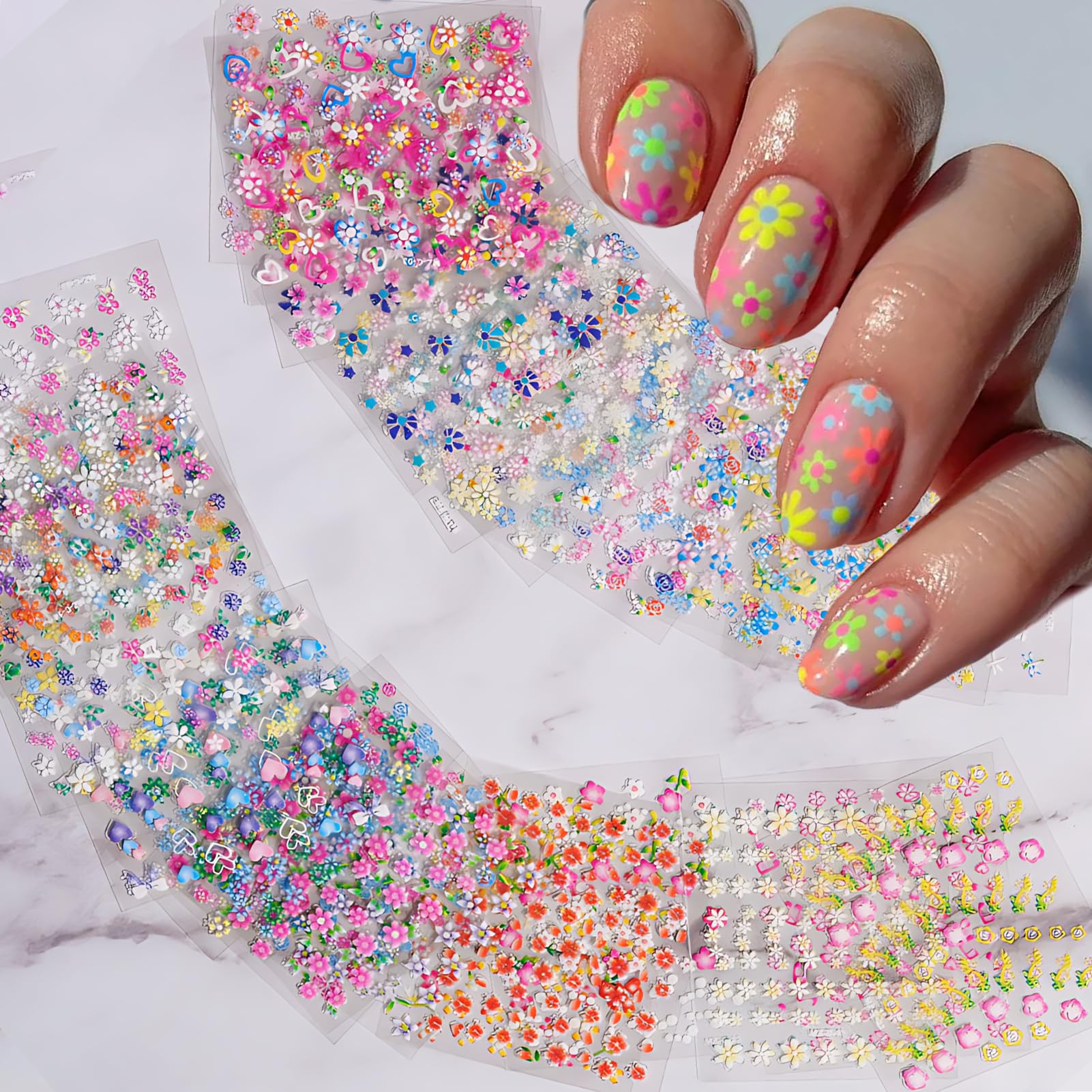 IDDFEVE 30 Sheets Flower Nail Art Stickers - Kid Colorful Floral Self-Adhesive Nail Decals for DIY Spring Summer Daisy Manicure
