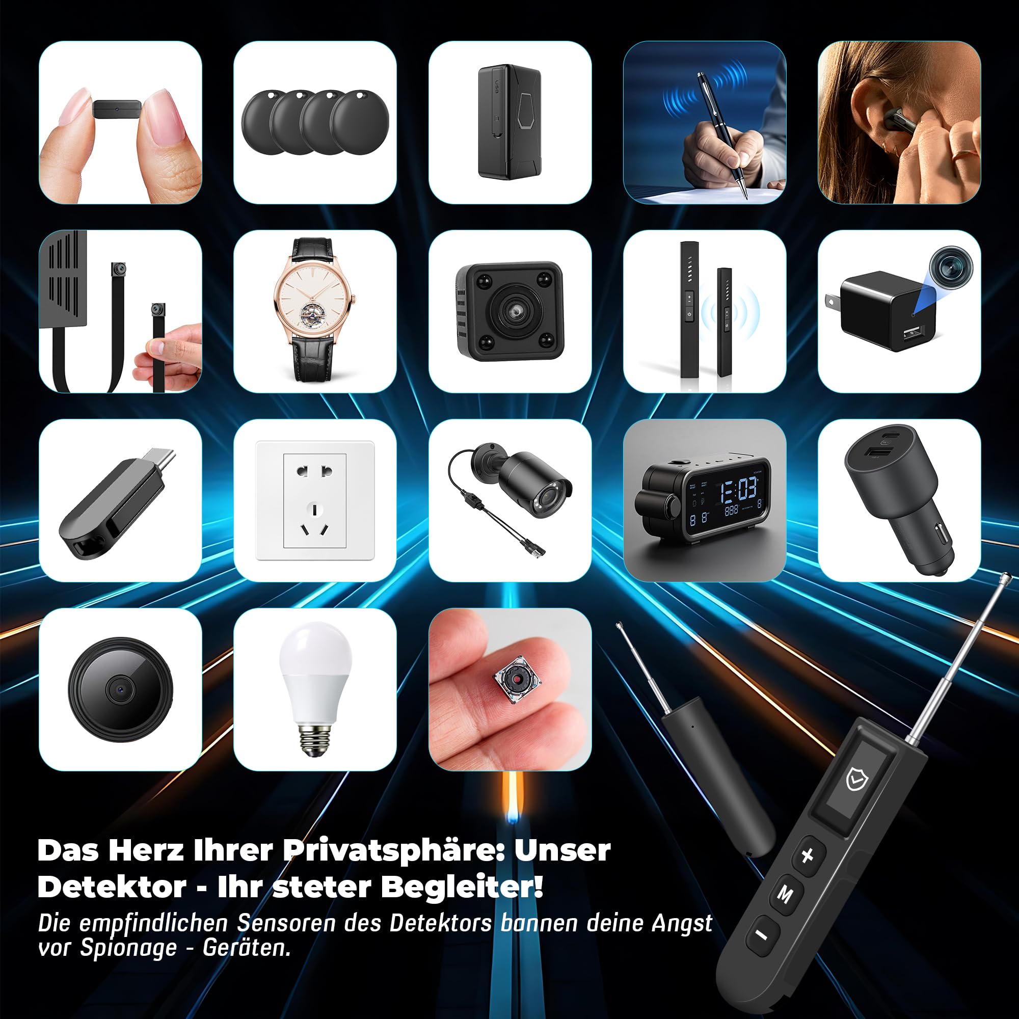 Détecteur de Caméra Cachée, 6 en 1 Detecteur Micro Espion RF sans Fil, Detecteur de Camera et Micro Espion, Anti-Espion, Détecteur de Micros GPS, Détecteur de Bugs pour Bureau, Hôtel, Maison