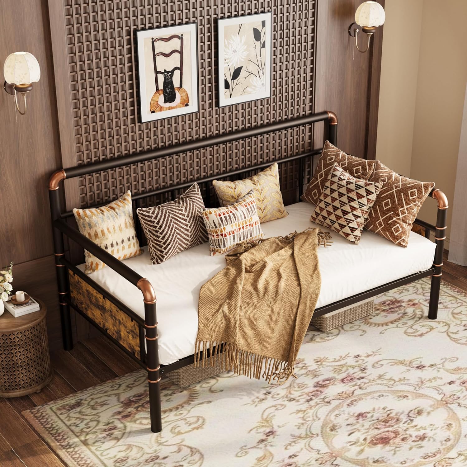 GarveeHome Metal Daybed Frame Twin Size,Heavy Duty Metal Twin Bed Frame,Daybed for Living Room Bedroom Guest Room, Brown Daybed Only Vintage Brown