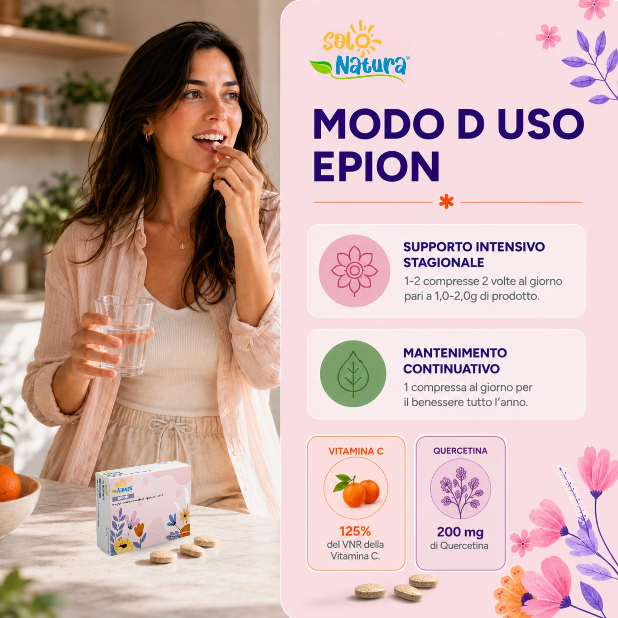 Solo Natura EPION – Supporto Antistaminico Naturale con Uova di Coturnice e Quercetina, Sollievo per Sensibilità a Pollini e Agenti Esterni, 50 Compresse da 500 mg