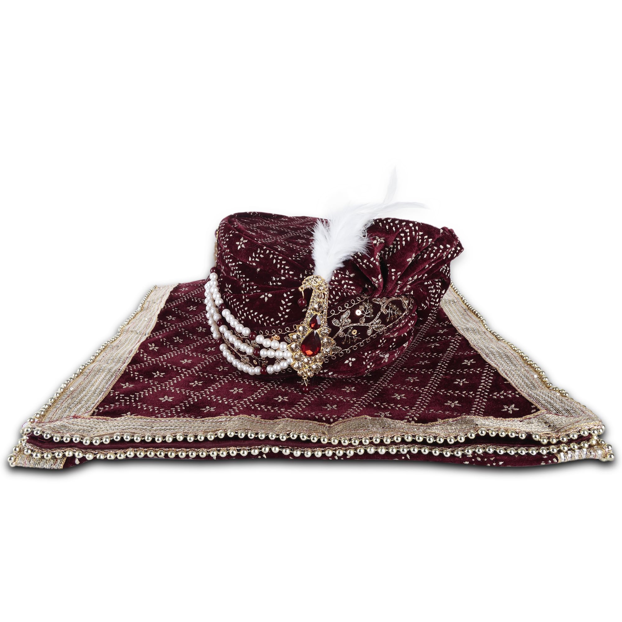 Men Cotton Blend Printed Groom's Safa Shawl Stole Set, Wedding Safa/Turban with Stole (Maroon)-image-42