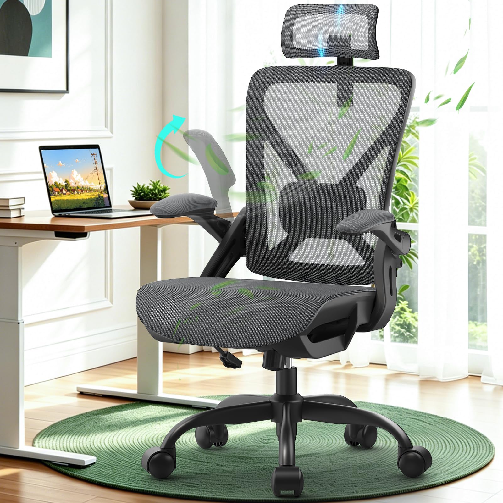 YONISEE Office Chair, Ergonomic Desk Chair with Adjustable Padded Lumbar Support, Flip-Up Armrests, Breathable Mesh Seat, Comfy Computer Chair for Home Office