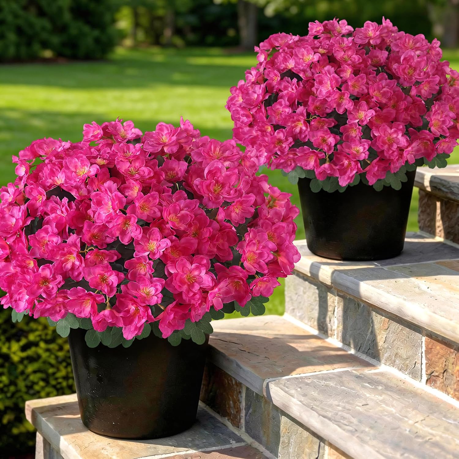 YXZZWL Set of 2 Artificial Azalea Flower Topiary Trees - Fake Silk Flower Potted Plants, Sun-Resistant Faux Outdoor Azalea Bushes for Front Door, Garden, Yard, Farmhouse Decor (Rose Red)