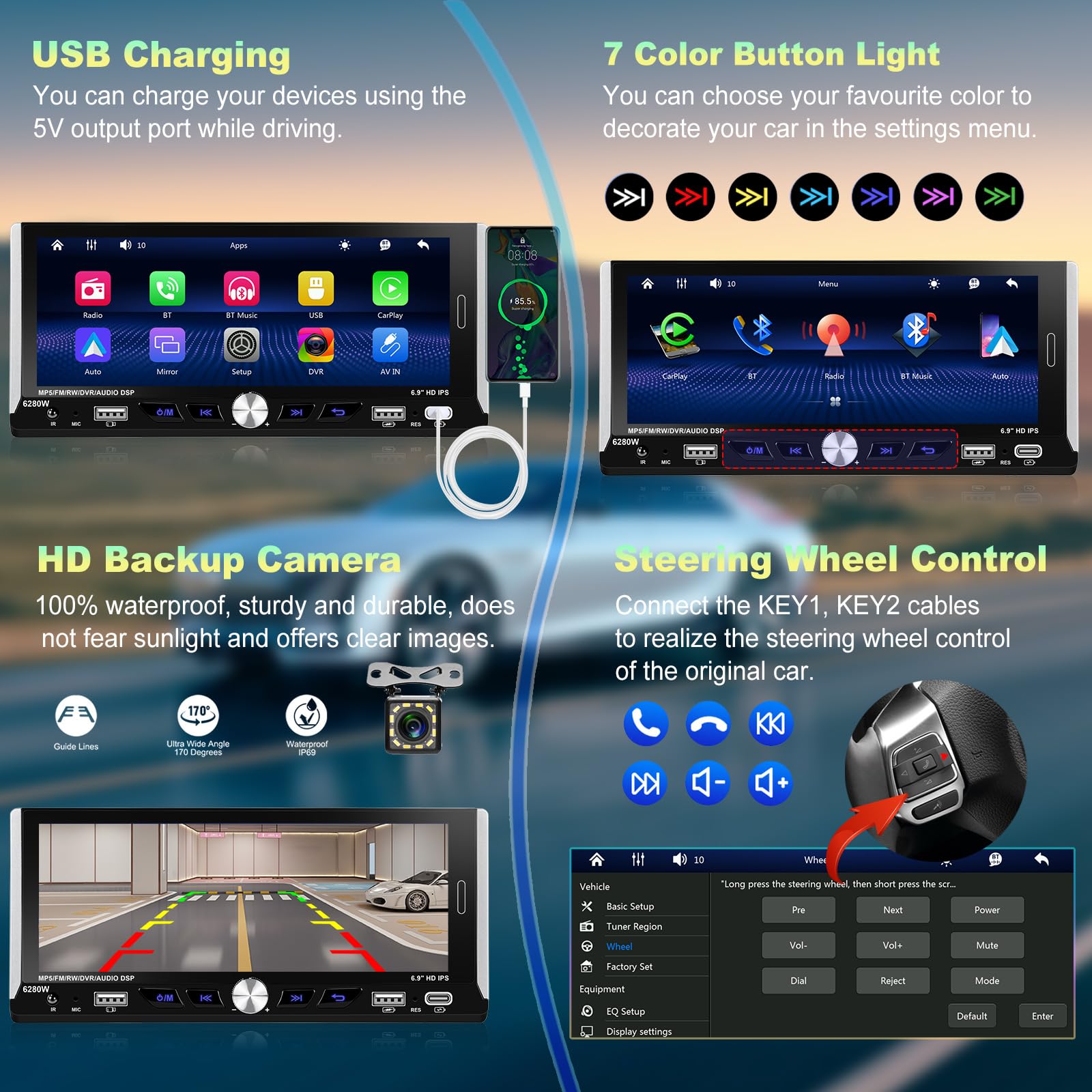 Podofo Autoradio 1 Din avec sans Fil Carplay Android Auto, Poste Radio Voiture Bluetooth avec écran D'autoradio de 6,9 ​​Pouces Connexion de Rétroviseur, Caméra de Recul et Le Microphone