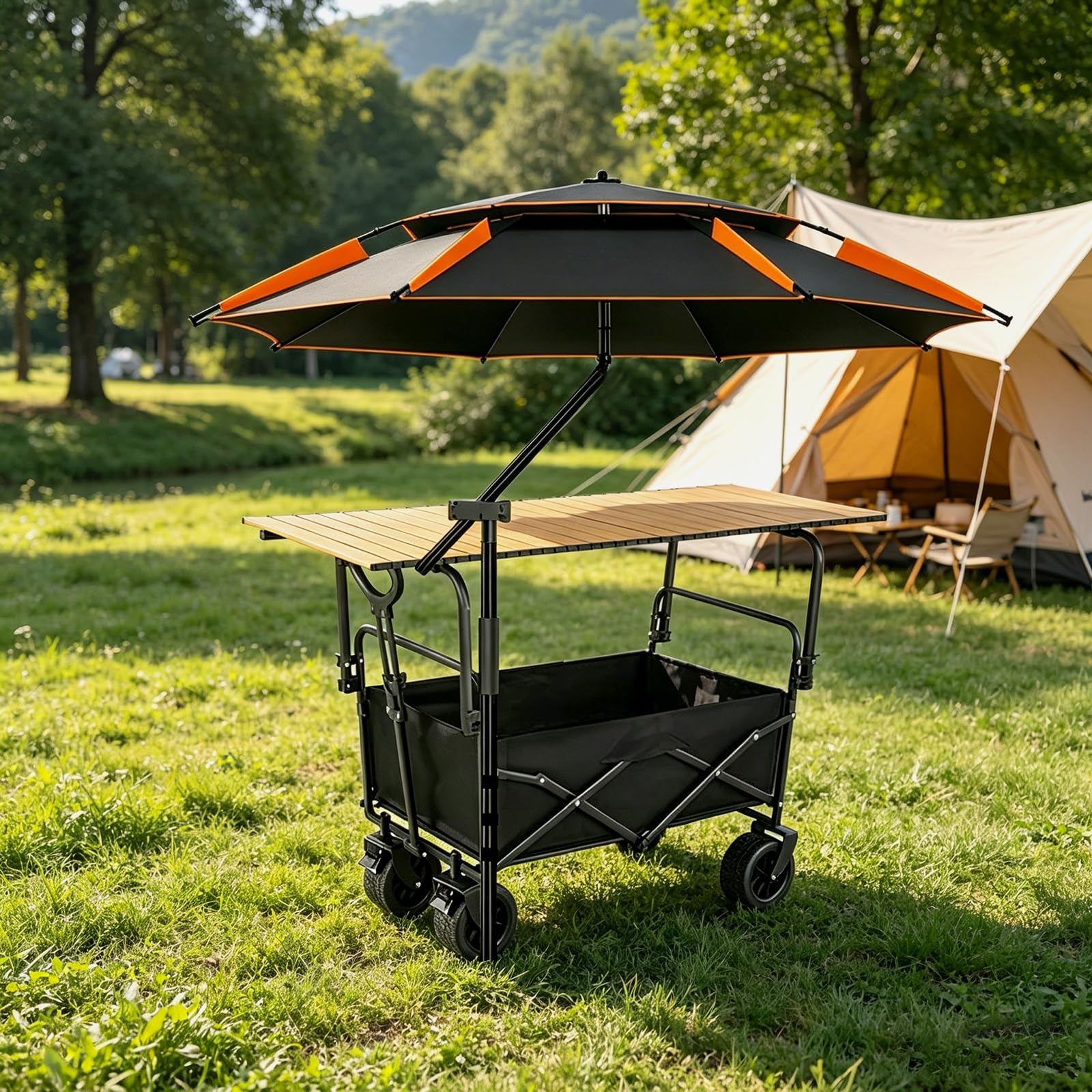 Carrito De Comida Portátil con Ruedas, Carrito para Vendedores, Quiosco/Expositor Plegable con Toldo, para Mercados De Agricultores Y Eventos Al Aire Libre