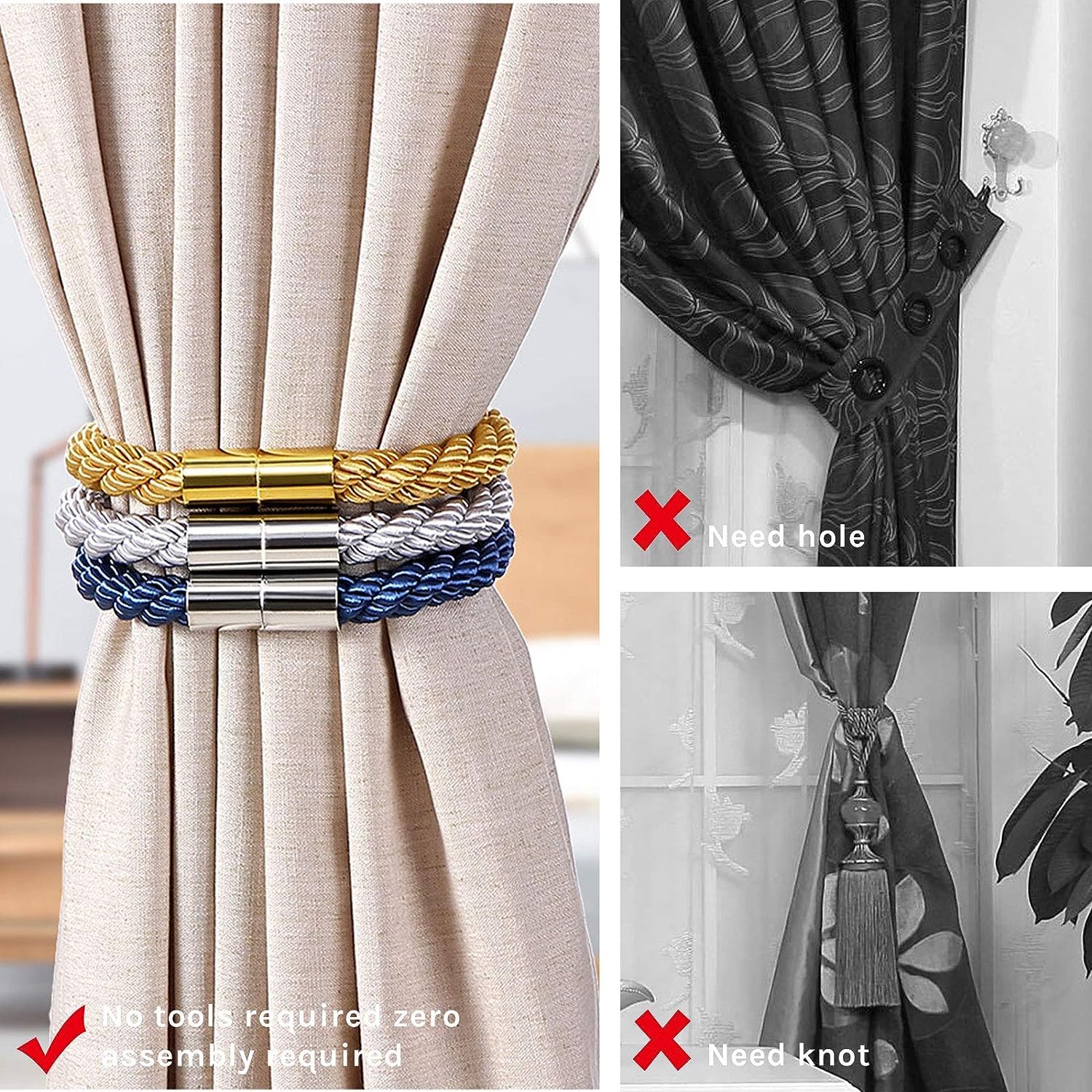 VRT Strong Magnetic Curtain Tiebacks Modern Simple Style Drape Tie Backs Convenient Decorative Weave Rope Curtain Holdbacks for Thin or Thick Home & Office Window Draperies (1 Pair, Silver White) — Amazon image 4