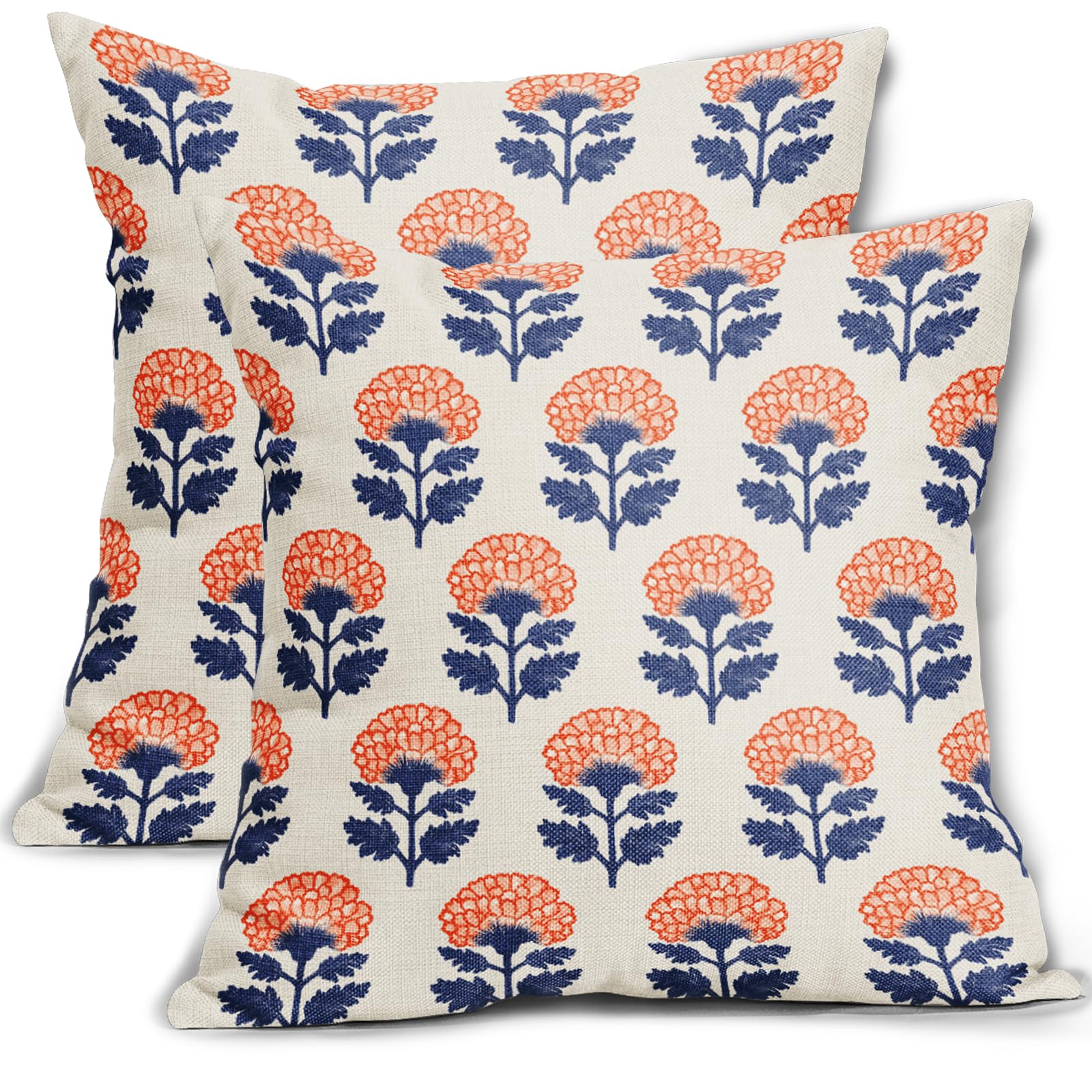 Aytipun Blue Orange Floral Block Print Pillow Covers 18x18 Set of 2 Fall Flower Pattern Cream Decorative Throw Pillowcases Outdoor Rustic Farmhouse