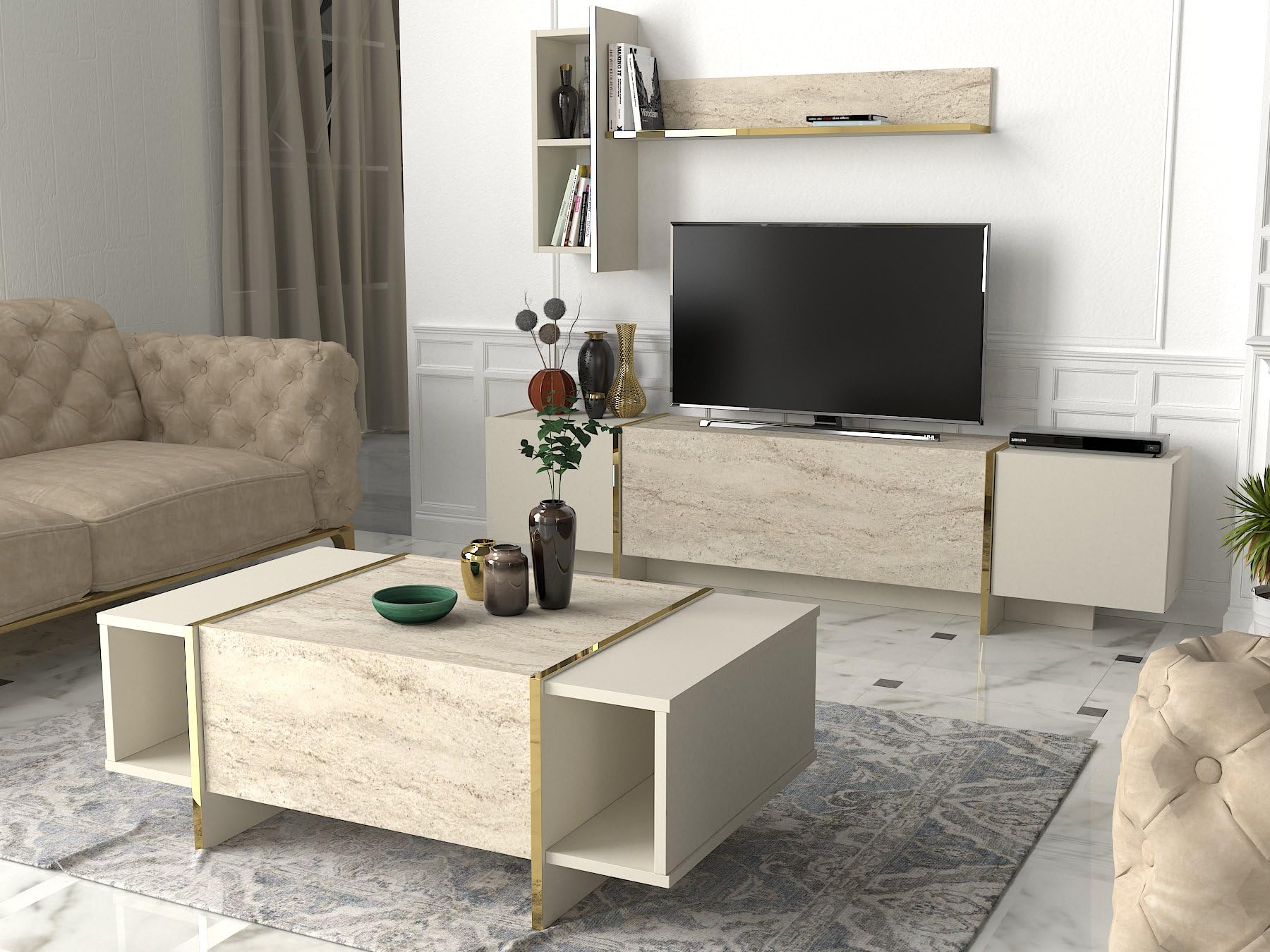 moebel17 Wohnwand Braun Dunkelgrau,Moderne Anbauwand Holz, TV Lowboard Marmor Optik, Mediawand mit Hängeregal, 4 Türen, viel Stauraum, glänzend, 180 x 45 x 32 cm, 2574