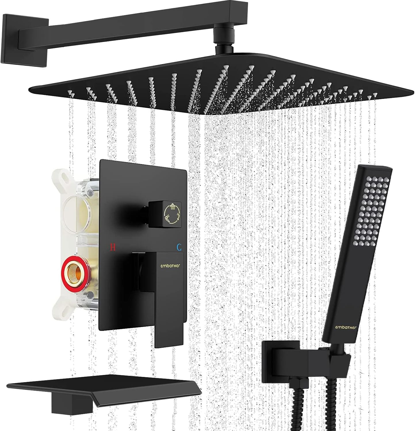 EMBATHER Black Shower System with Waterfall Tub Spout(Obtained cUPC