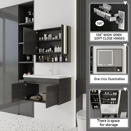 Miniatura 214 de Tocador de baño de 20 pulgadas con lavabo de cerámica, tocador de baño pequeño montado en la pared con puerta de cierre suave, gabinete flotante