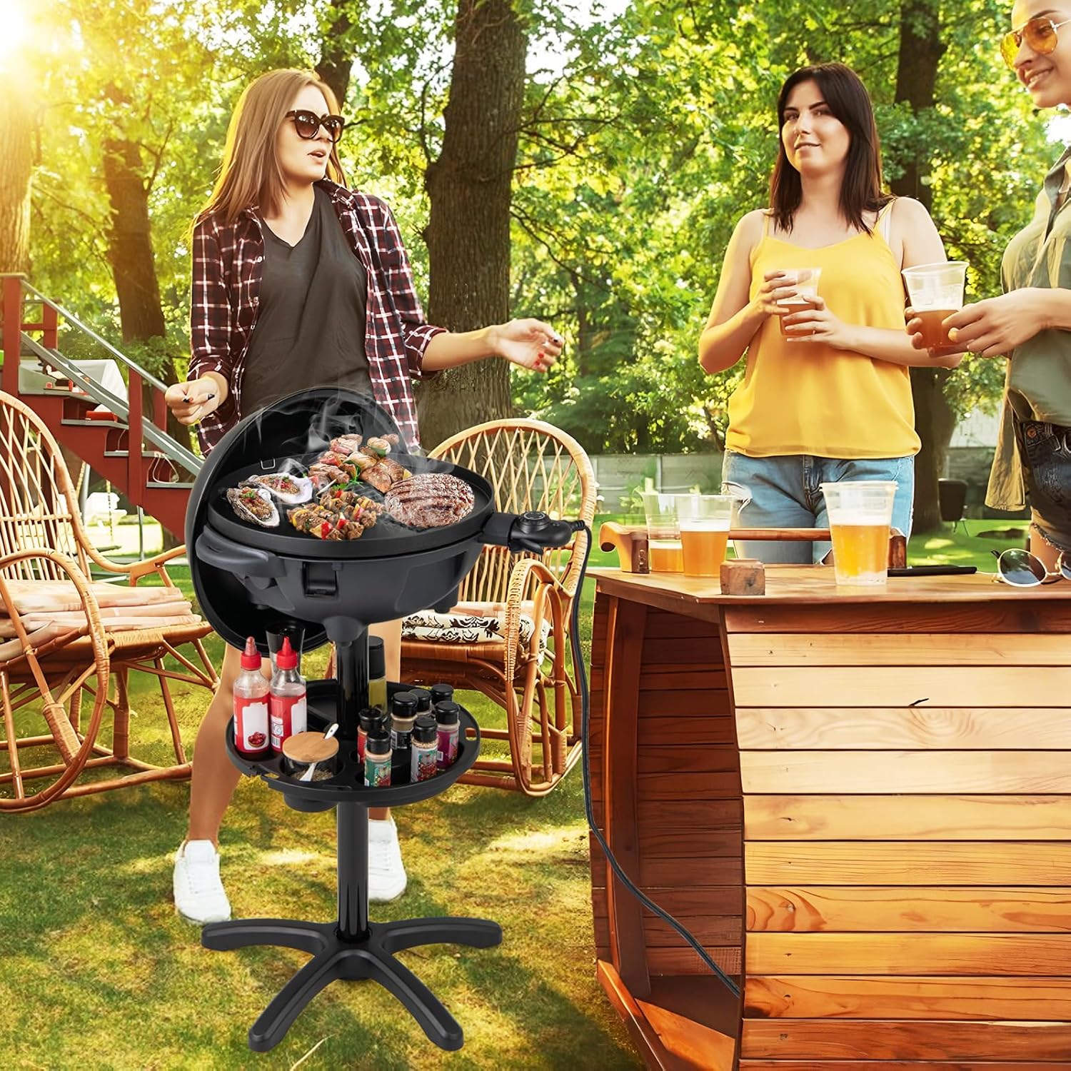 1200W Electric Grill Outdoor, 2-in-1 Freestanding & Tabletop BBQ Grill w/Thermometer, Nonstick Griddle, Lid & Drip Tray, Portable Camping Grill for Patio, Backyard, Party, Black