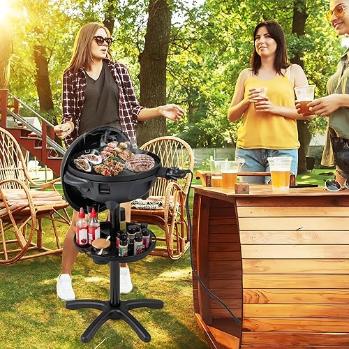 Miniatura 2 de Giantex Parrilla eléctrica al aire libre, parrilla eléctrica de barbacoa de 1200 W, cocina al aire libre con tapa y termómetro, plancha