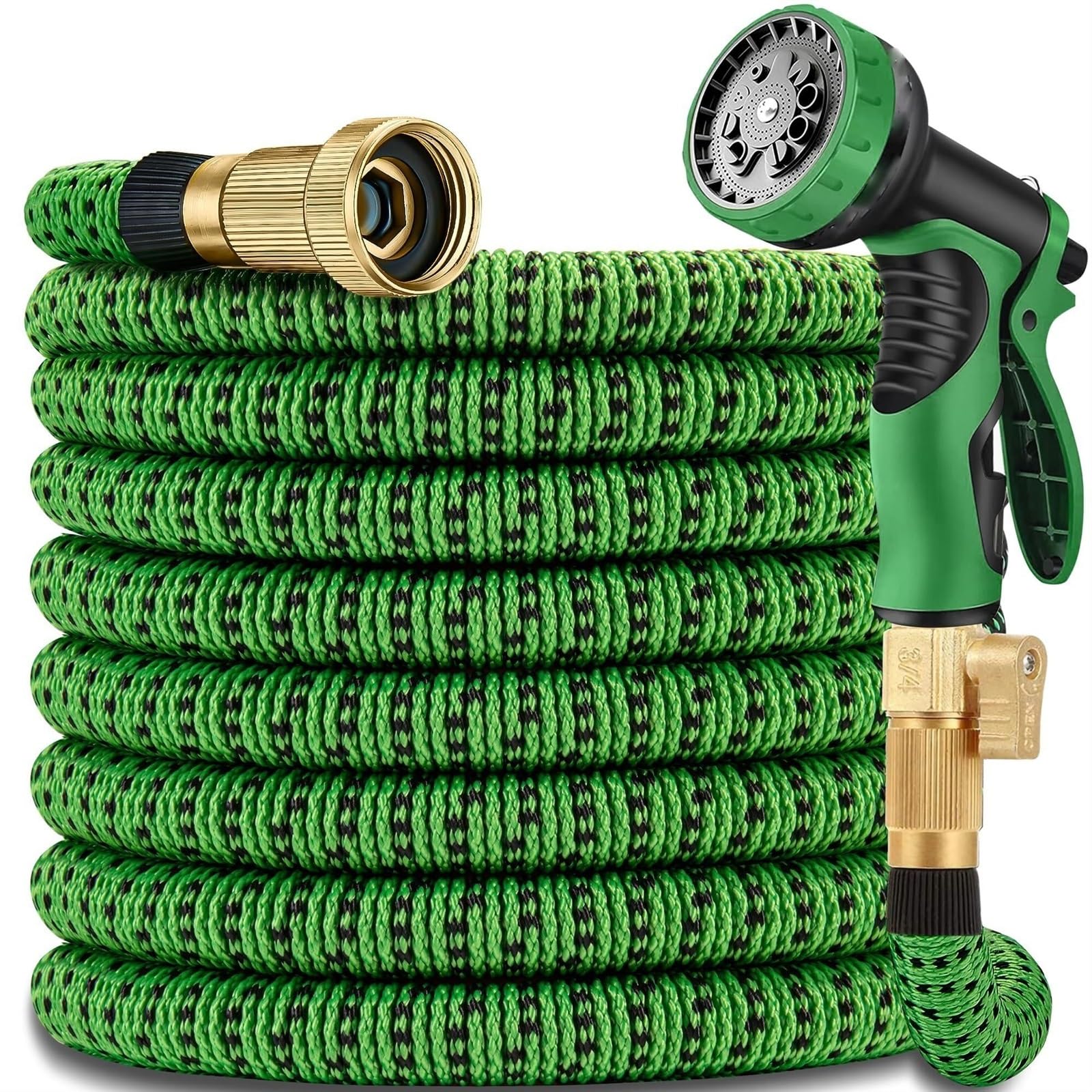 Dehnbarer Gartenschlauch mit 2 Sprühköpfen mit 10 Funktionen, leicht, knickfrei, flexibler Schlauch mit 1,9 cm Messinganschlüssen und 4-lagigem Latexkern, ideal für Gartenarbeit, 1,5 m (50 Fuß), Grün