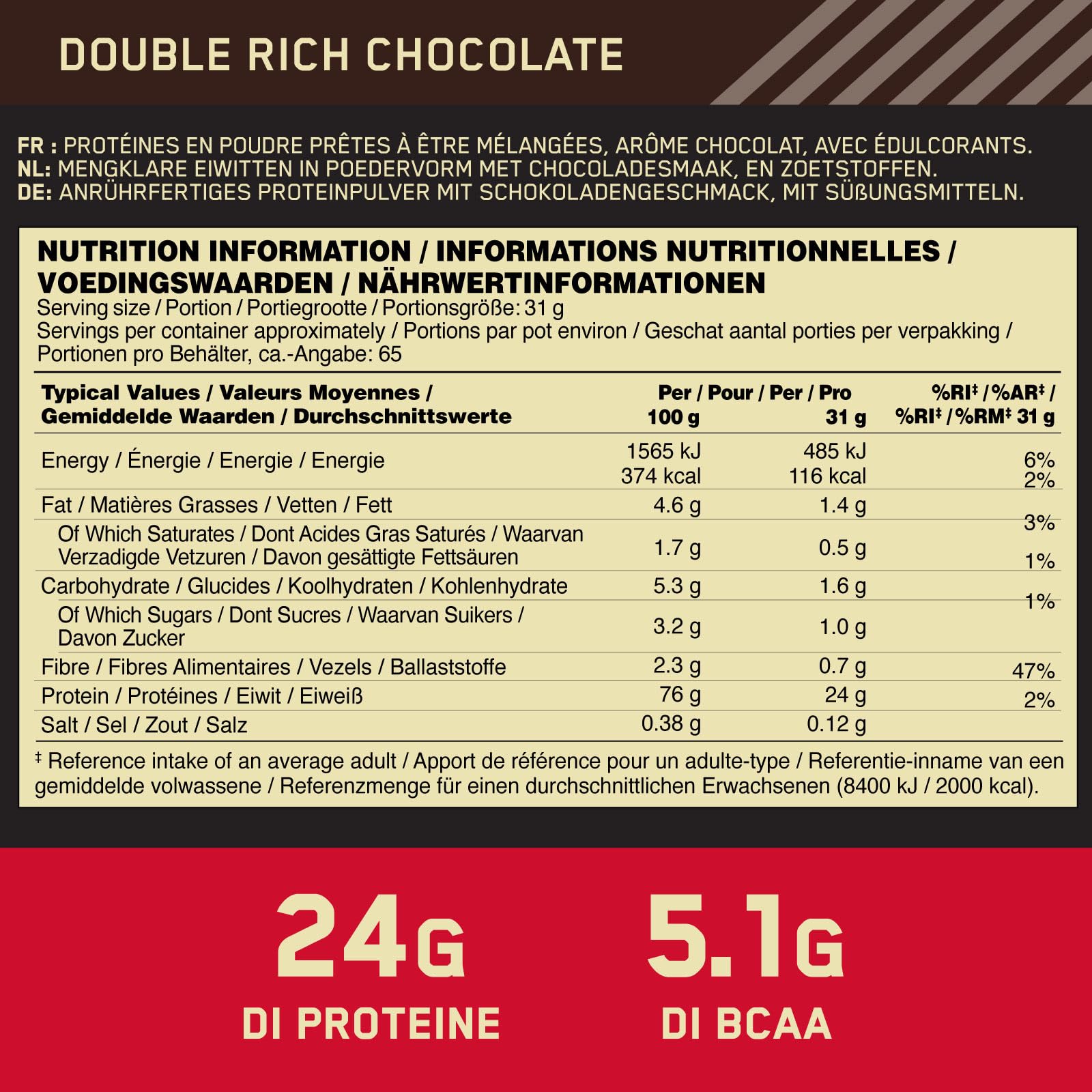 Optimum Nutrition Gold Standard 100% Whey Proteine con Aminoacidi Doppio Cioccolato 2,02kg 65 Porzioni + Shaker