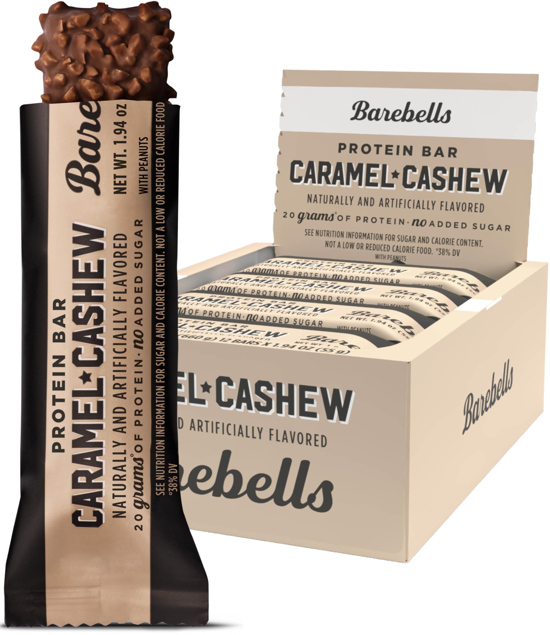 Barebells Protein Bars Caramel Cashew - 12 Count, 1.9oz Bars - Protein Snacks with 20g of High Protein - Chocolate Protein Bar with 1g of Total Sugars - Perfect on The Go Protein Snack & Breakfast Bar