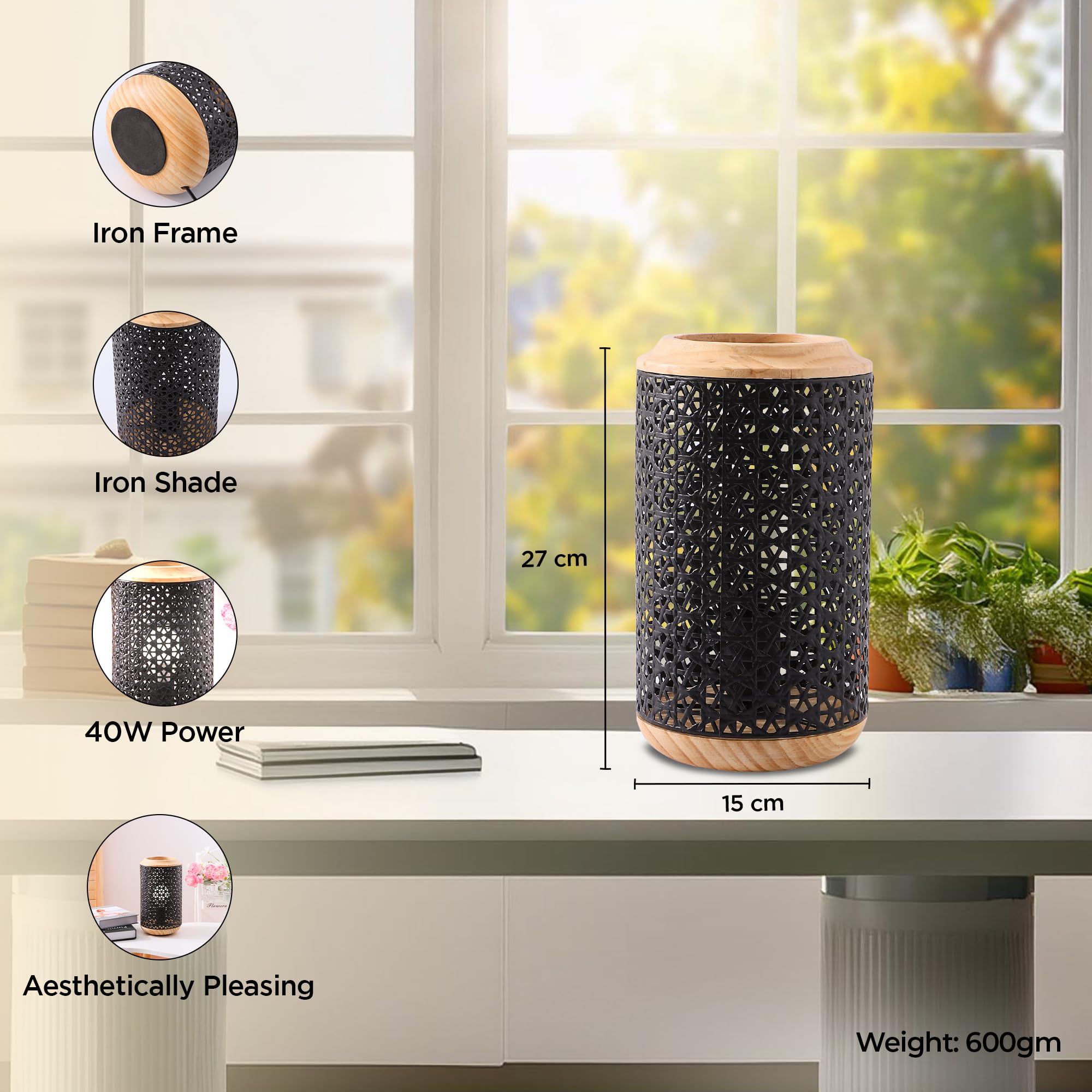 Kuber Industries Aesthetic & Modern Bedroom Lamp for Side Table | Office & Desk Table Lamp for Living Room and Home Decor with Iron Frame & Wooden Base | House Warming Gifts | Black-23T47 2