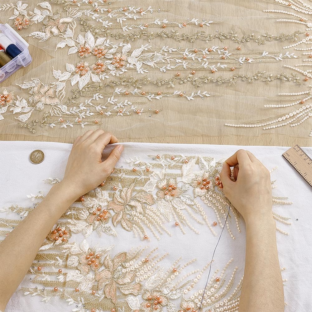 NBEADS 12 Yards Beaded Pearl Flower Fabric, 12.2inch Wide Beaded Flower Lace Applique 3D Floral Embroidered Mesh Fabric Handmade Sewing Tool for DIY Wedding Bridal Prom Dress, Apricot