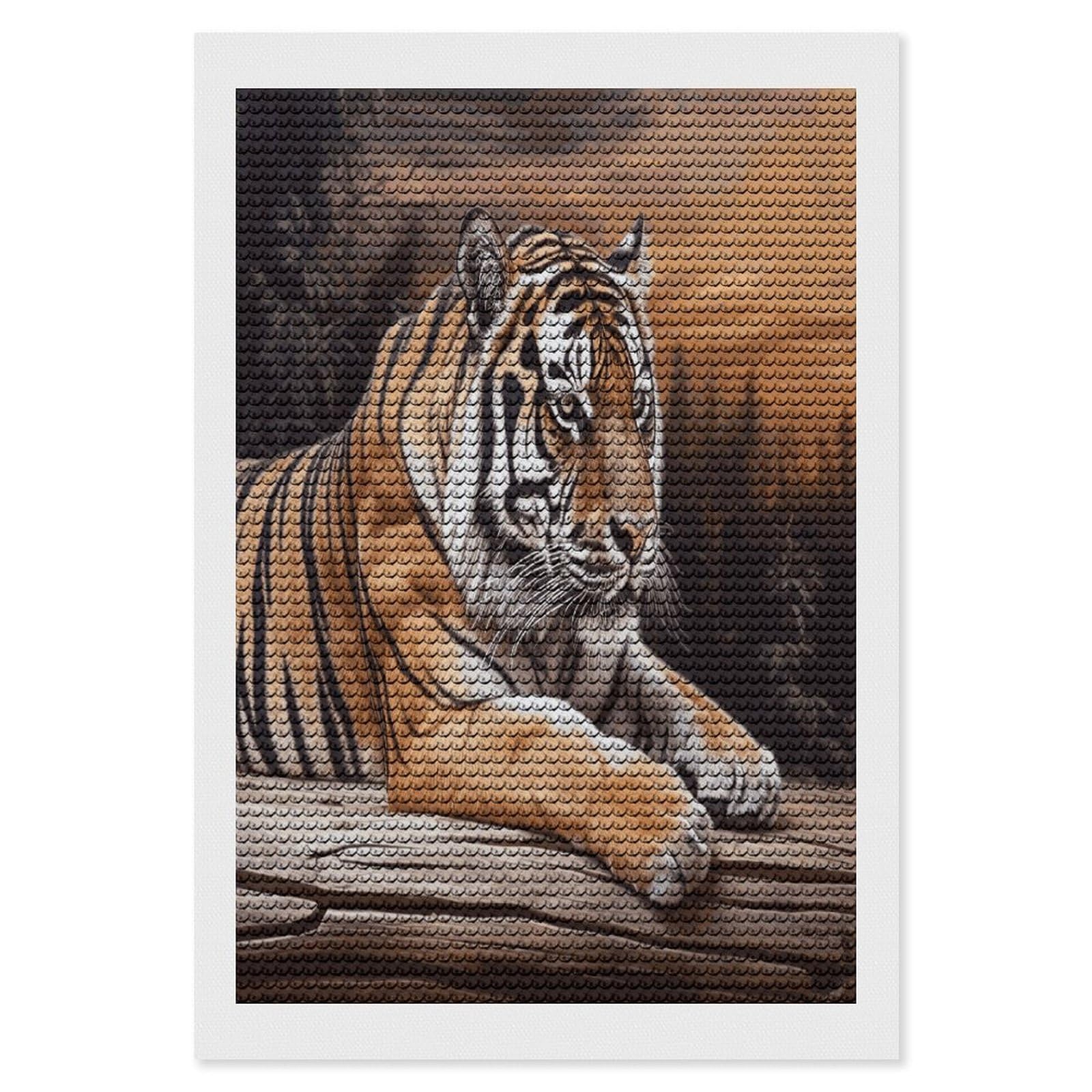 JTREHY Tiger Lying on Wood Diamond Art Kits Personalized DIY Round Diamond Painting Kits for Beginner Full Drill Diamonds Dots Paintings for Adults Gem Art Crafts Home Decor
