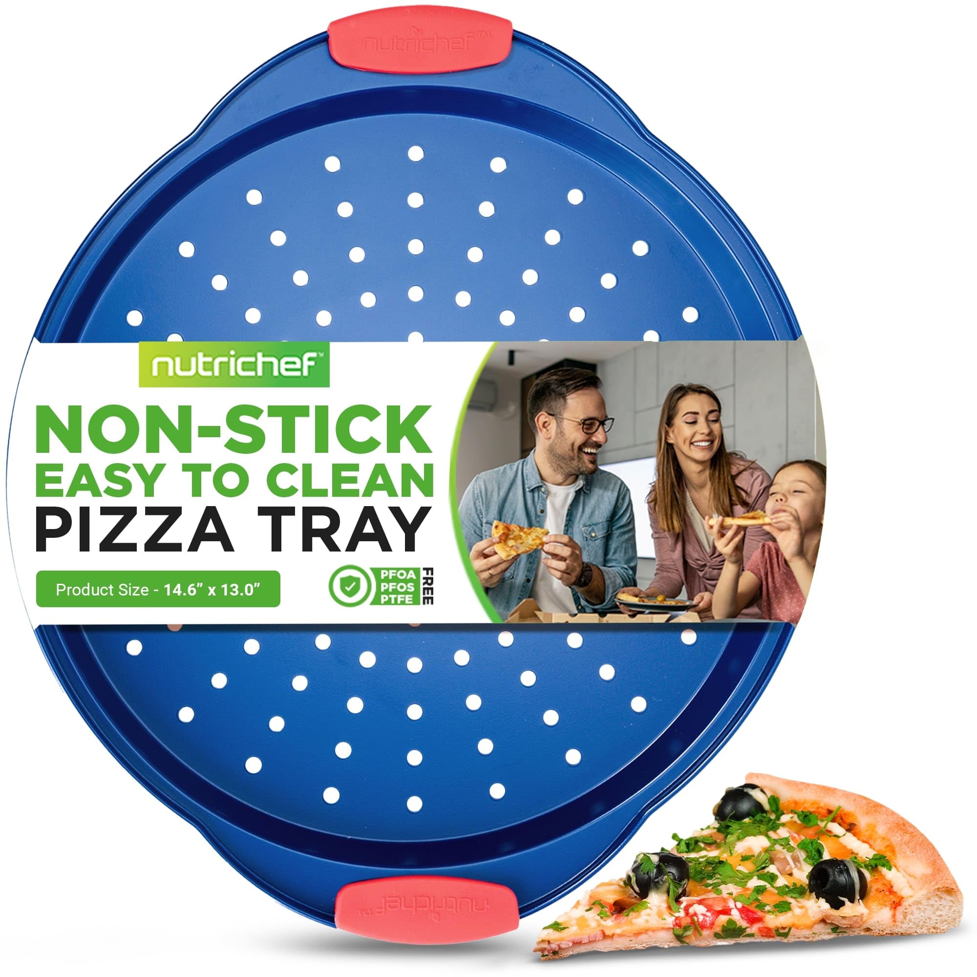 NutriChef 13-Inch Nonstick Pizza Tray - Round Carbon Steel Non-Stick Pizza Baking Pan with Perforated Holes, Premium Bakeware Pizza Screen with Silicone Grip Handles, Dishwasher Safe - Blue