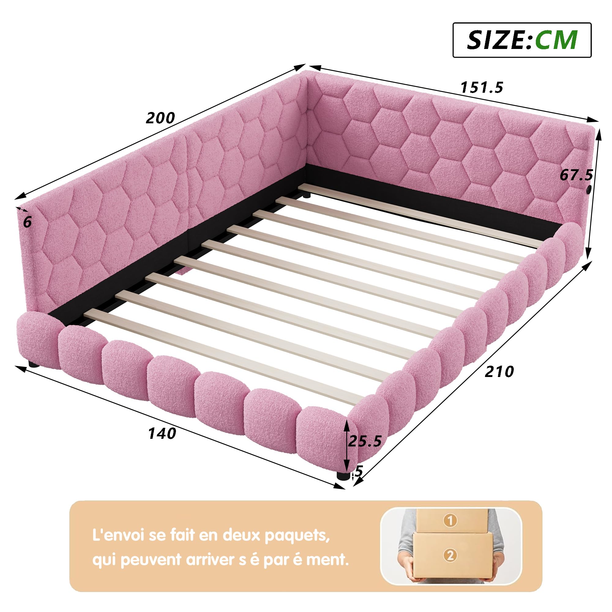 FEEOHOME Sofá cama tapizado de 140 x 200 cm, sofá cama con LED y USB, cama multifuncional con somier y patas para habitación infantil, salón, sin colchón (rosa)